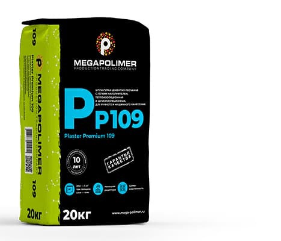 Изображение товара Штукатурка цементно-песчаная Megapolimer Plaster Premium 109 тепло-шумоизоляционная 20 кг Изображение товара Штукатурка цементно-песчаная Megapolimer Plaster Premium 109 тепло-шумоизоляционная 20 кг