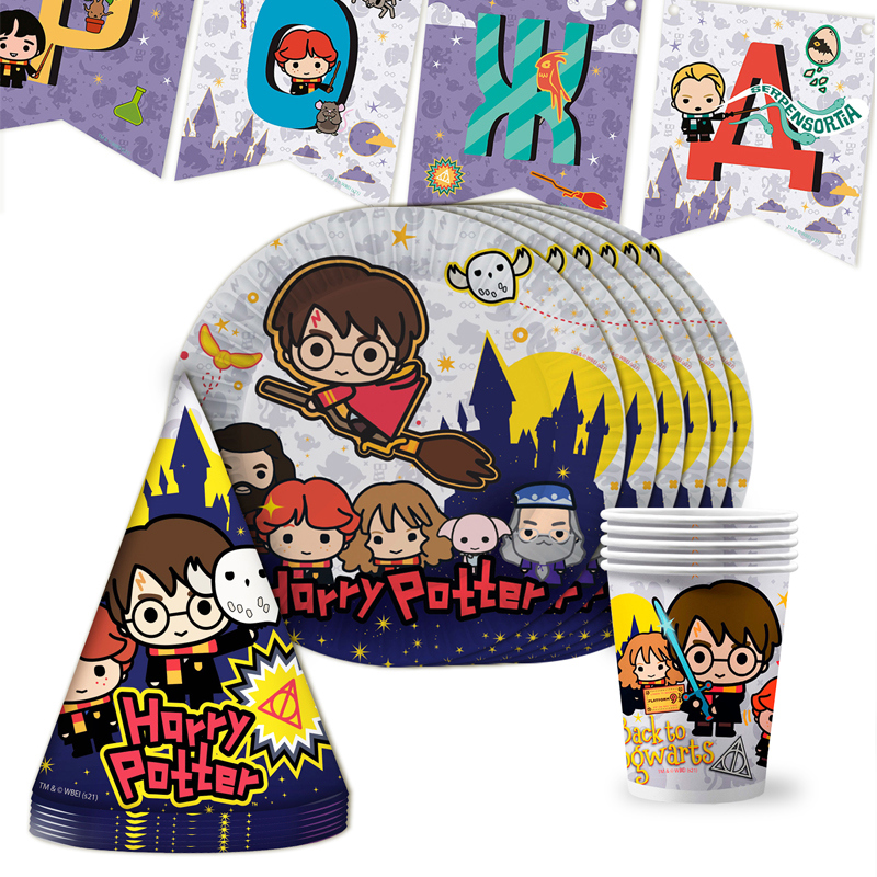 Изображение товара Набор для праздника Harry Potter гирлянда тарелки стаканы колпачки бумажный