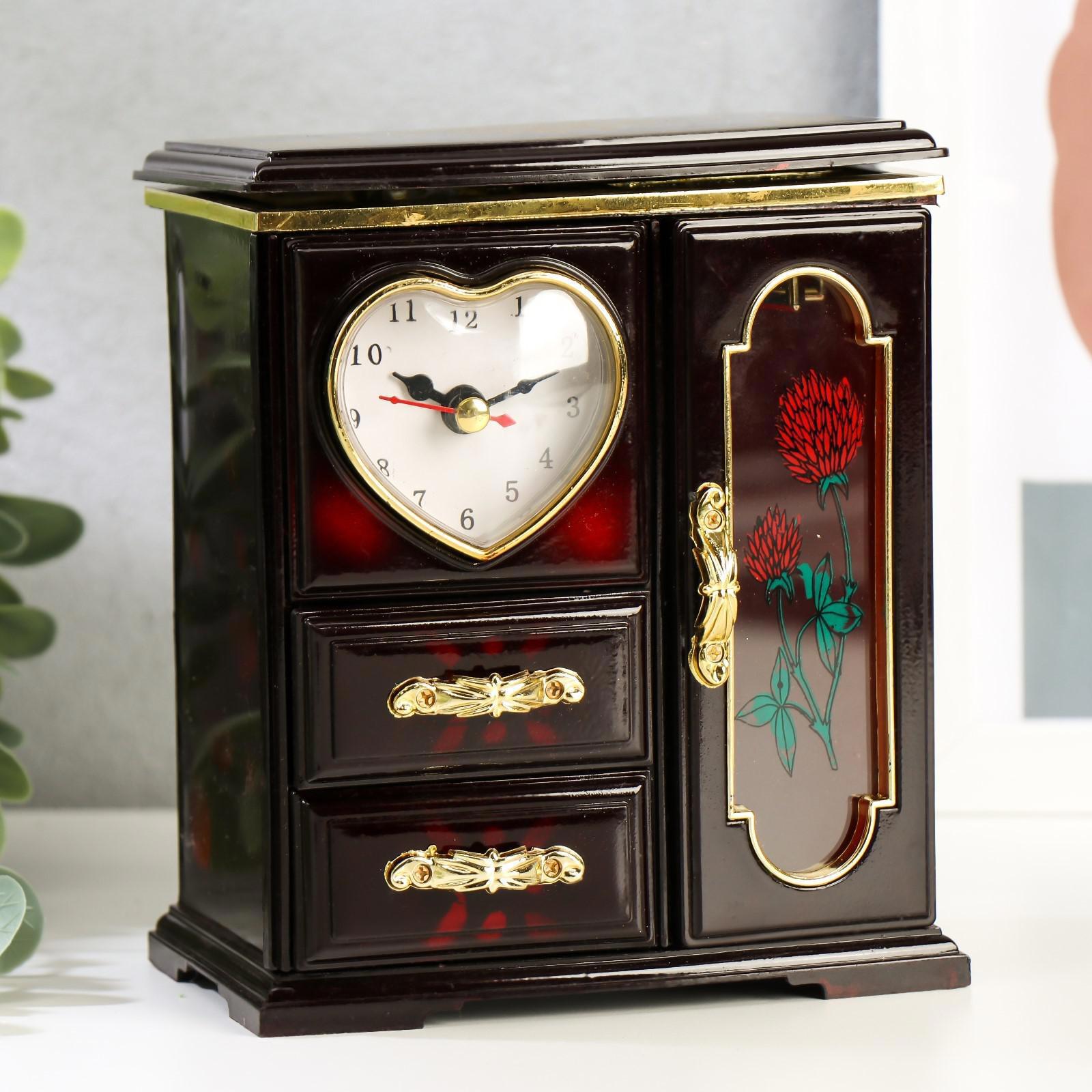 Изображение товара Музыкальная шкатулка с зеркалом и часами, коричневая, 9x13x15 см