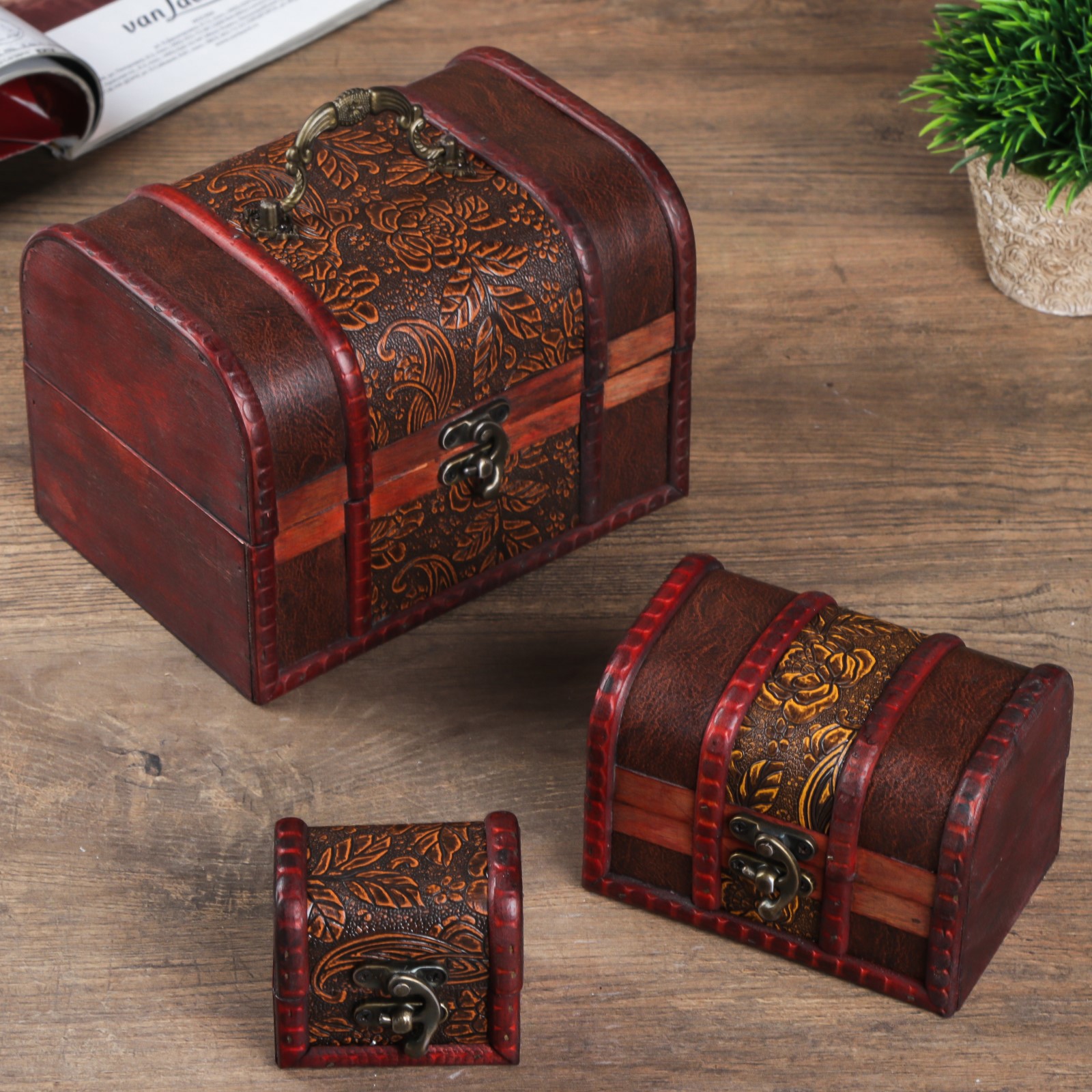 Изображение товара Шкатулка сундучок "Клумба" (набор 3 шт) 13x13.2x18 см