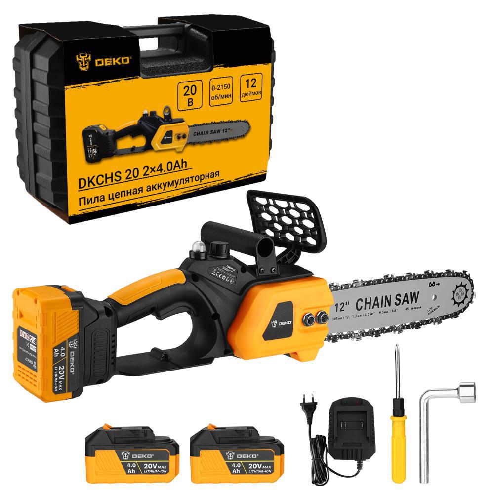 Изображение товара Аккумуляторная цепная пила DEKO DKCHS 20, 20 В, 30.5 см с зарядным устройством и двумя аккумулятора