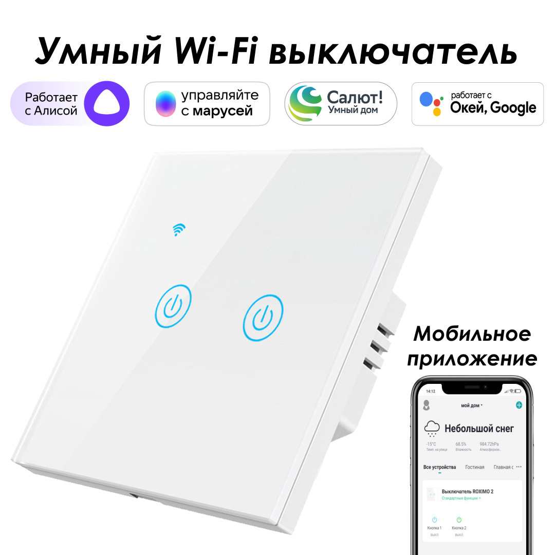 Изображение товара Умный выключатель сенсорный встраиваемый Roximo SWSEN01-2W 2 клавиши цвет белый