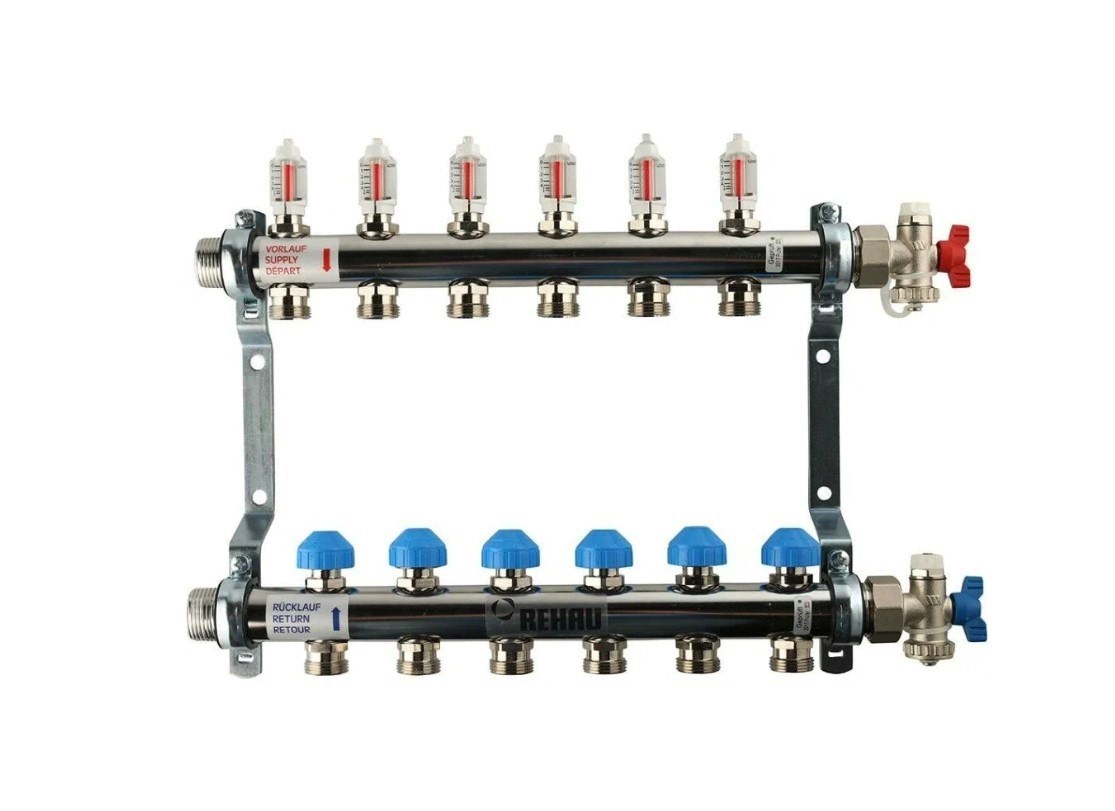 Изображение товара Коллекторная группа Rehau HKV-D с расходомерами на 6 выходов 1x3/4" нержавеющая сталь Германия