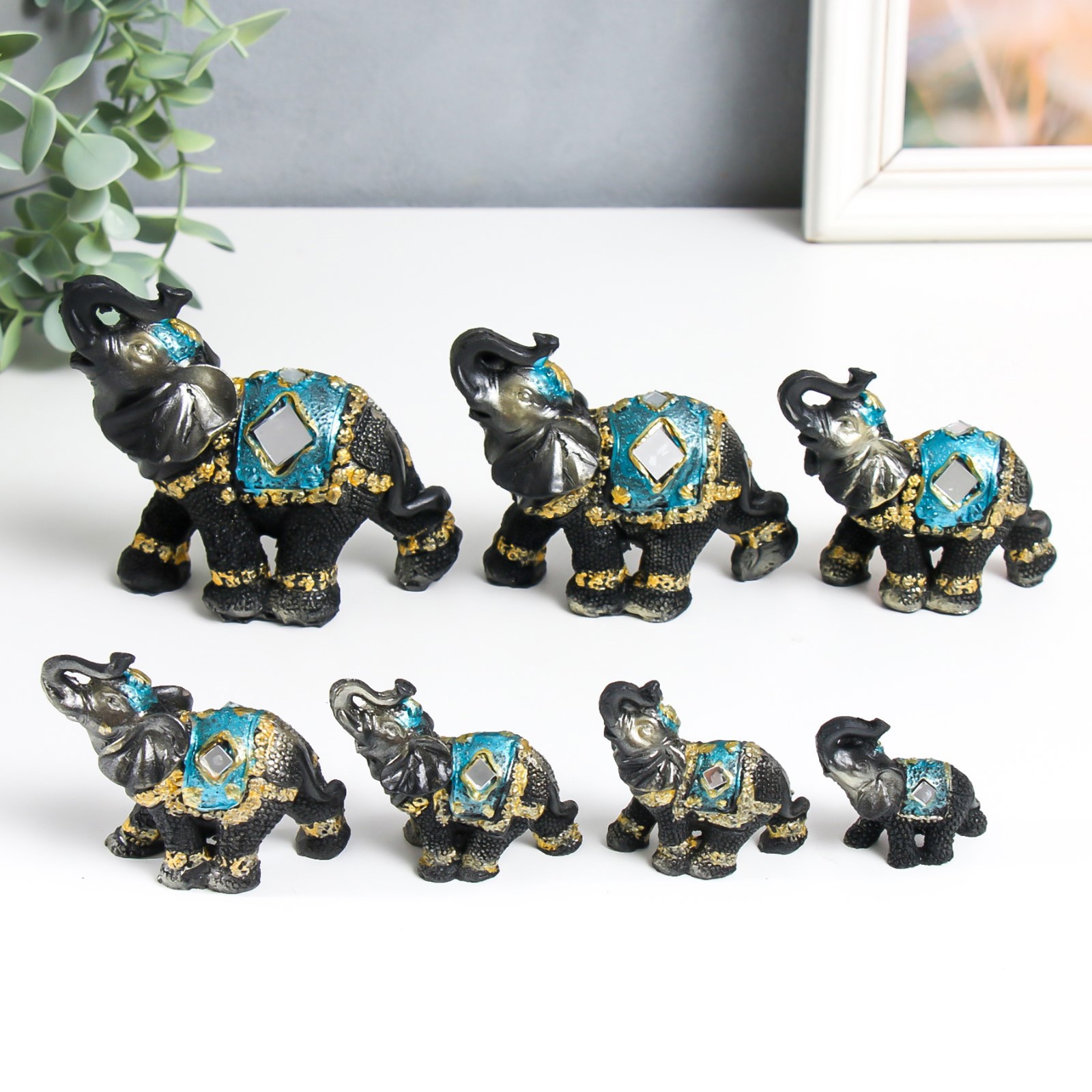 Изображение товара Сувенир "Слон в синей попоне с кистями и зеркалами" h-10;8;7;6;5.2;4.9;4.5 см