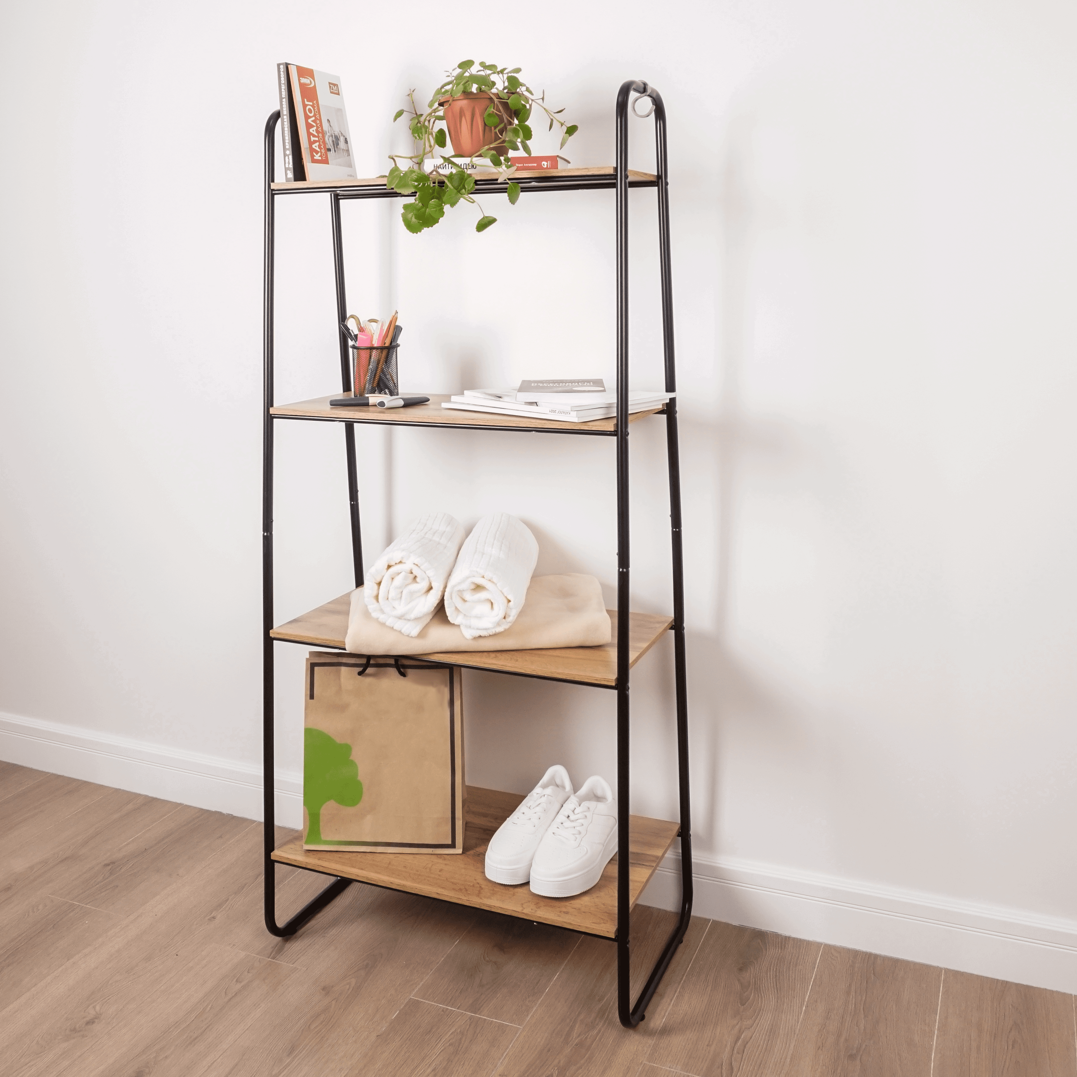 Изображение товара Металлический стеллаж Зми 60x39 см черный с 4 полками для дома и офиса