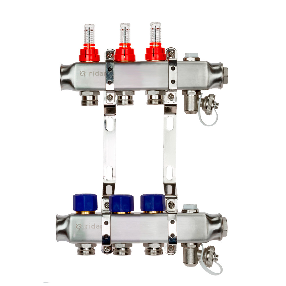 Изображение товара Распределительный коллектор Ridan с расходомерами из нержавеющей стали 3 выхода для отопления