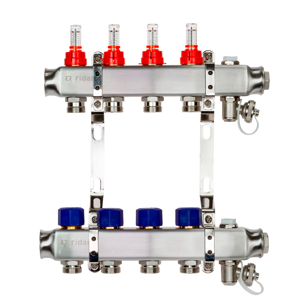 Изображение товара Коллектор Ридан на 4 выхода 1"x3/4" с расходомерами и кронштейнами нержавеющая сталь