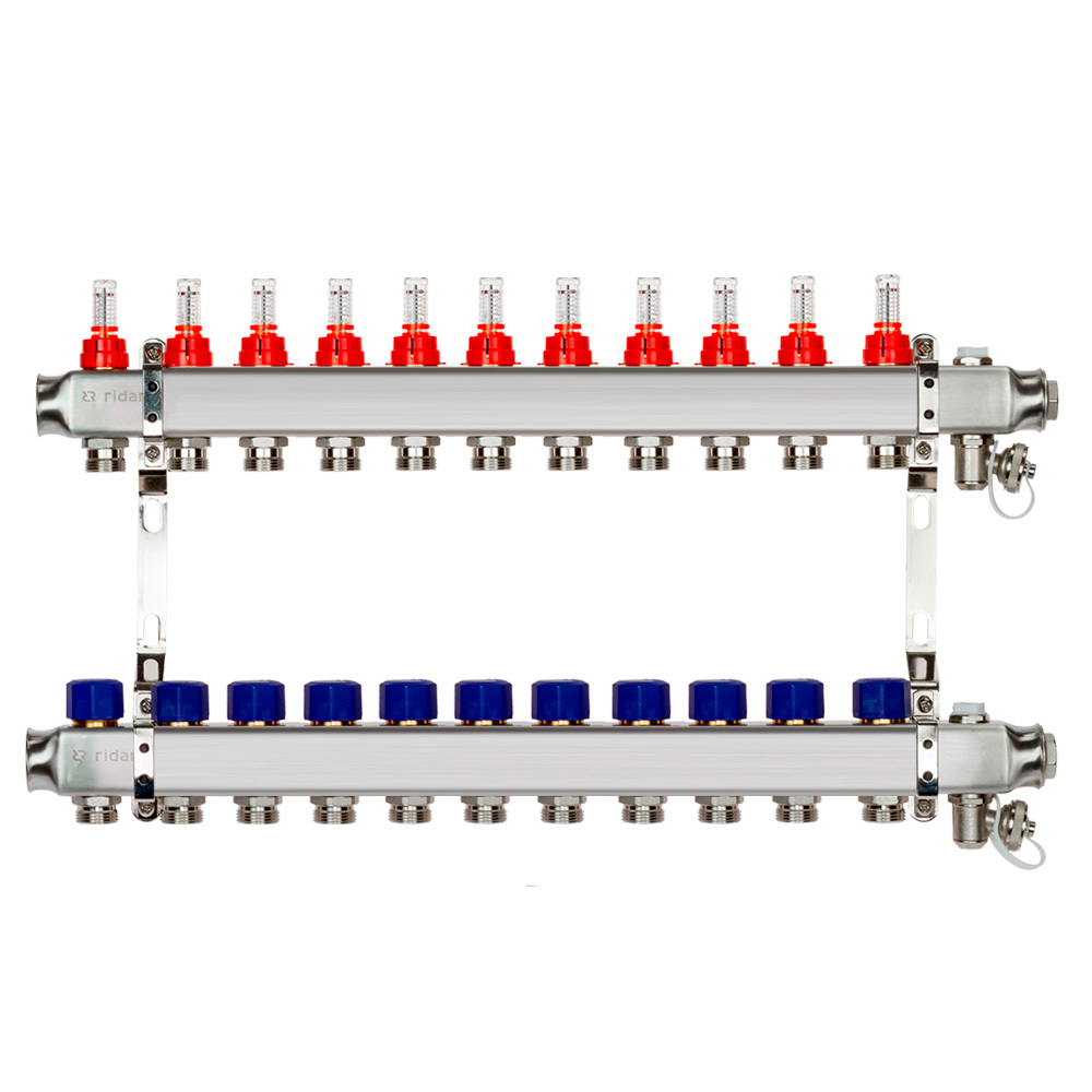 Изображение товара Коллектор Ридан на 11 выходов из нержавеющей стали с расходомерами и кронштейнами