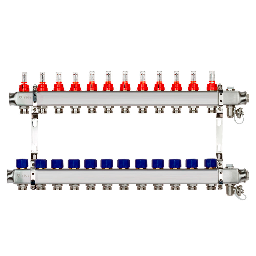 Изображение товара Коллектор Ридан на 12 выходов 1"x3/4" с расходомерами и кронштейнами нержавеющая сталь