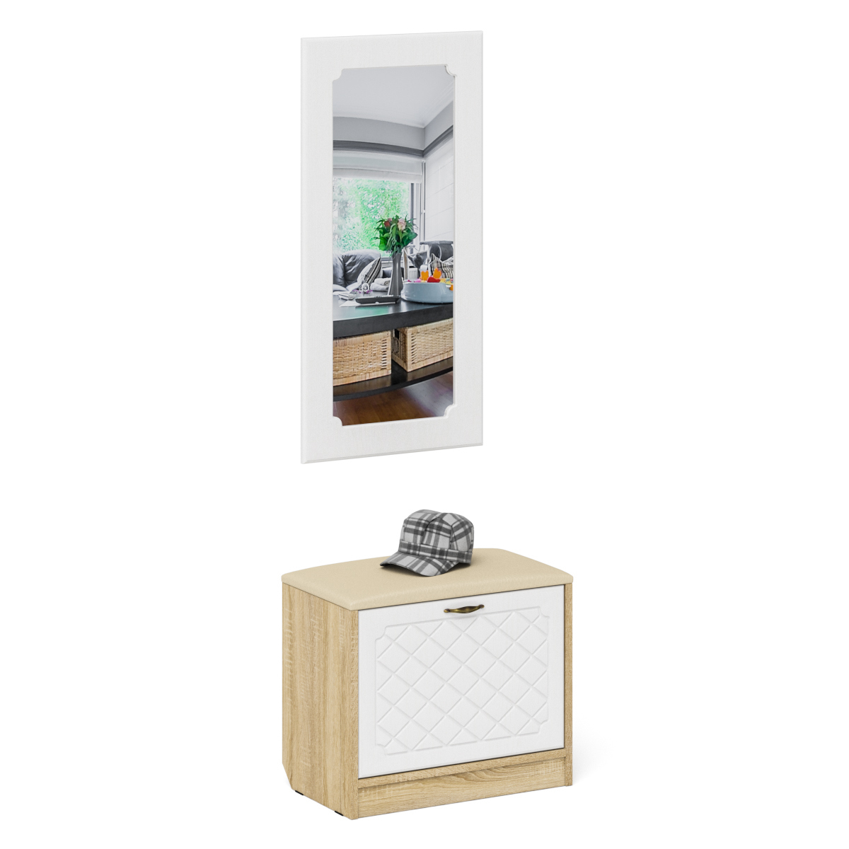 Изображение товара Обувница с зеркалом и сиденьем Мебельный двор П-6 60x200x35 см ЛДСП белый/дуб сонома