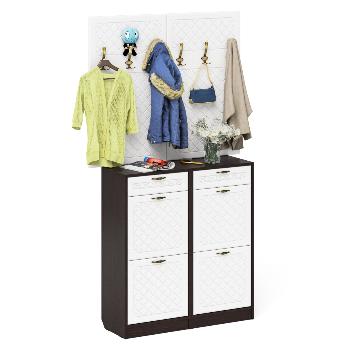 Изображение товара Вешалка для одежды и обувница Мебельный Двор 120x210x35 см 6 крючков белый венге