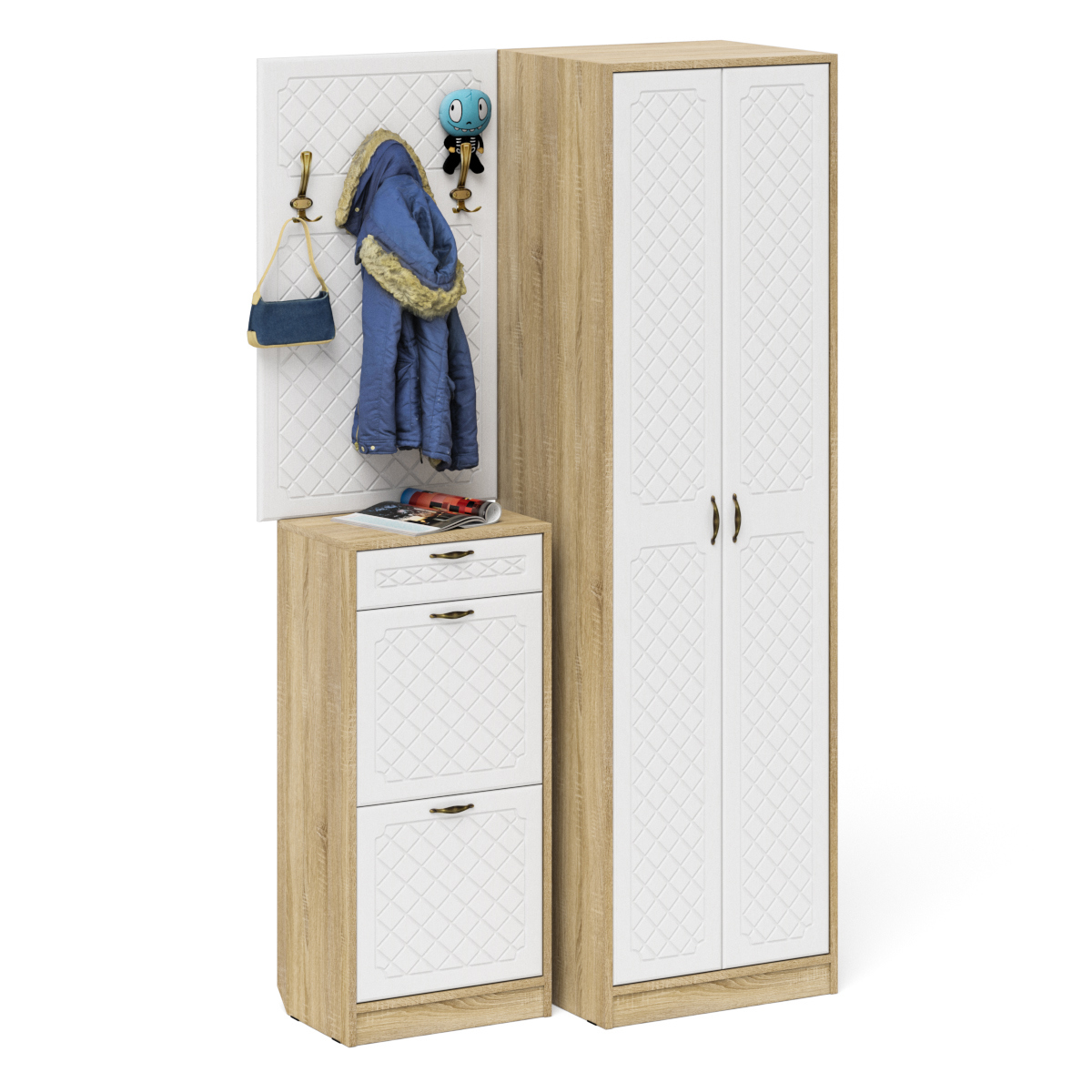 Изображение товара Вешалка для одежды Мебельный Двор 1025041 с крючками и шкафом белый дуб сонома