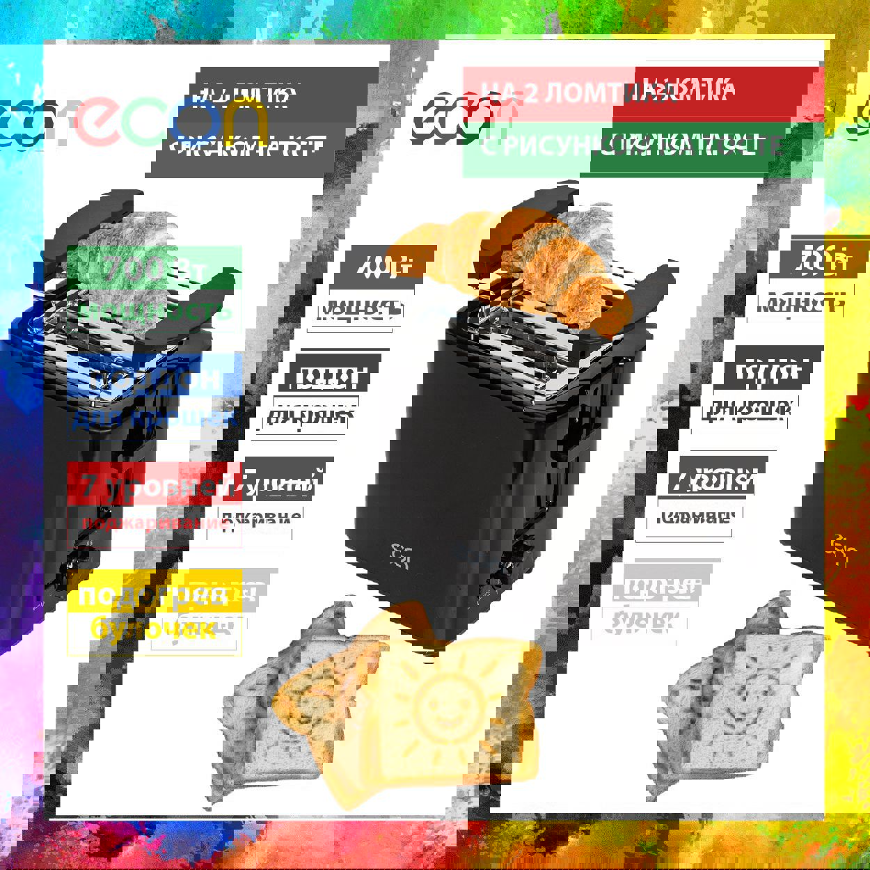 Изображение товара Тостер ECON ECO-248TS серый мощностью 700 Вт 2 тоста с уровнем поджаривания