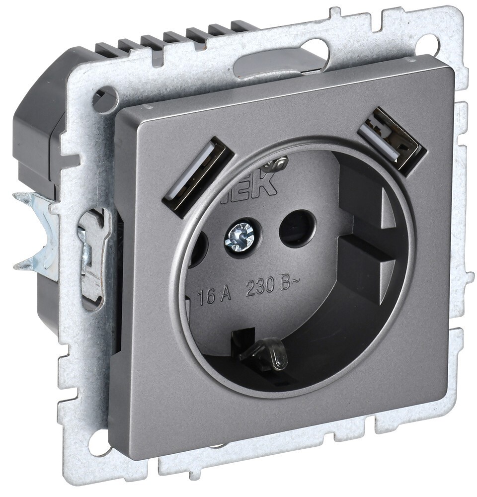 Изображение товара Розетка USB встраиваемая IEK Brite РЮш10-2-БрС с заземлением цвет сталь