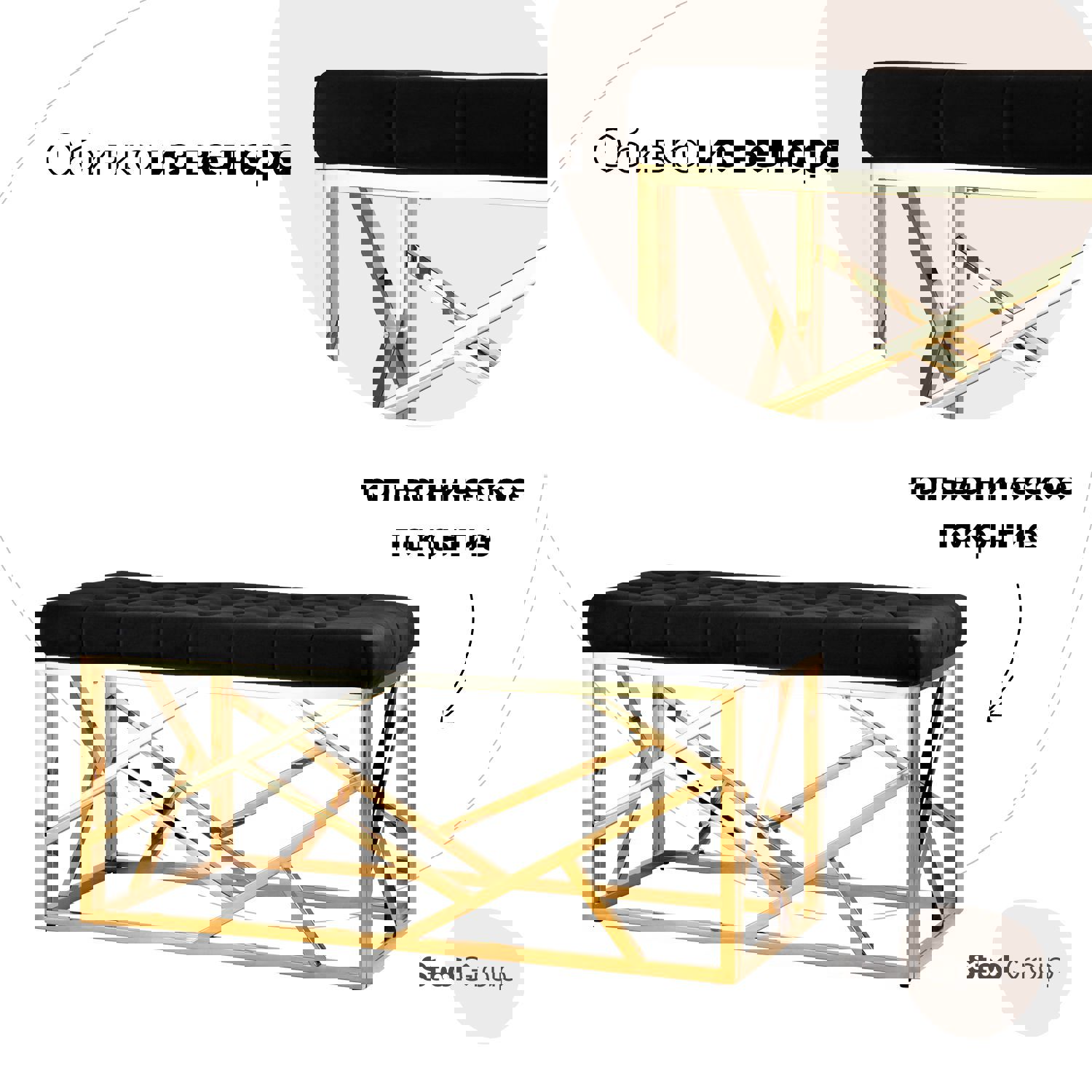 Изображение товара Банкетка Стул груп Арт Деко черный 46х100х46 см из нержавеющей стали и велюра