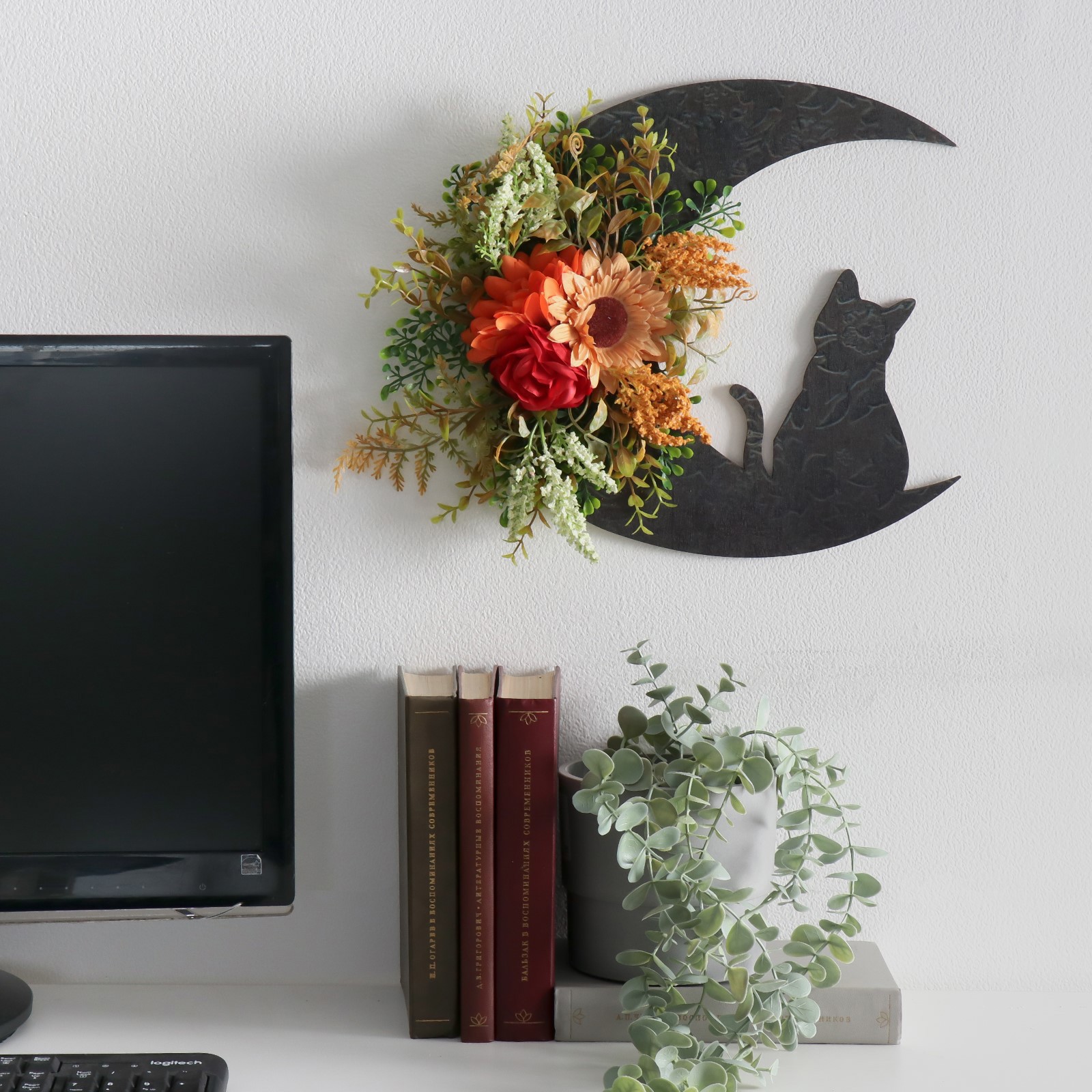 Изображение товара Панно декоративное Кошка на месяце Букет с подсолнухом 30x30 см