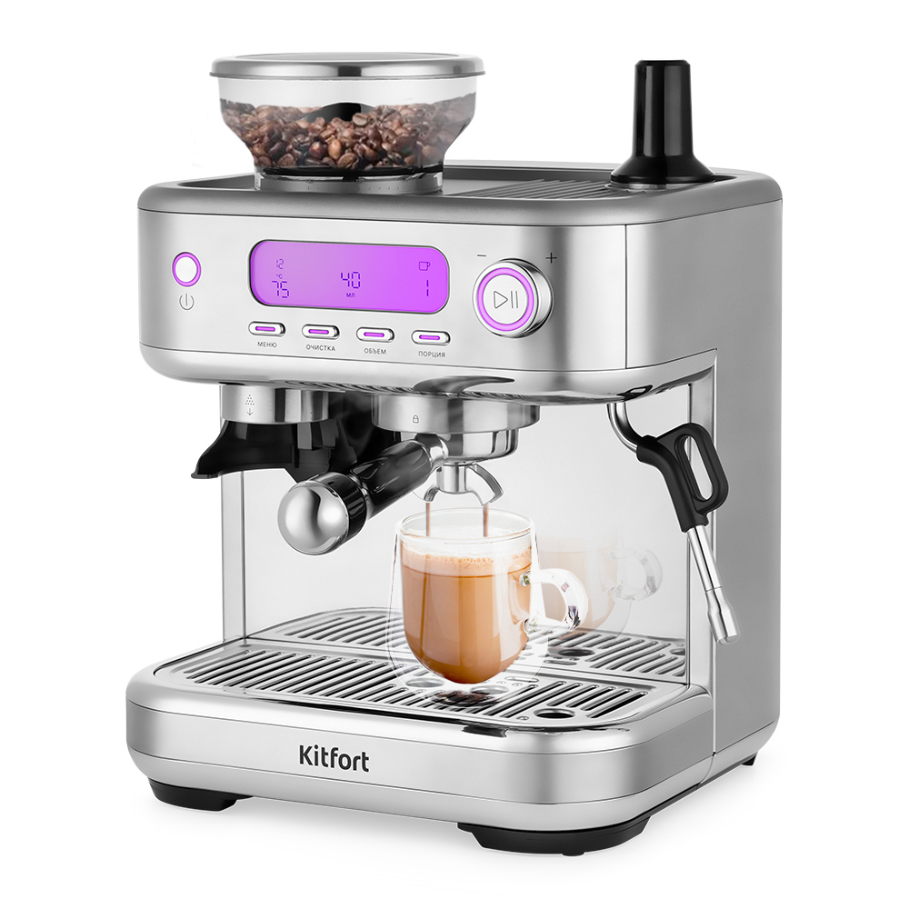 Изображение товара Электрическая кофемашина Kitfort КТ-7113 с встроенной кофемолкой и паровым стимером