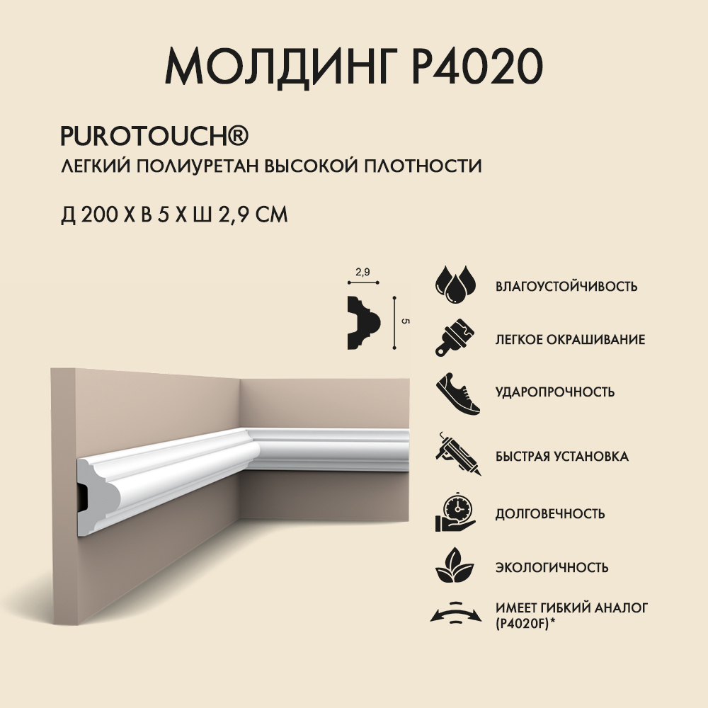 Молдинг Orac Decor P4020 на стену, полиуретан, белый, 2000x29 мм ️ ...