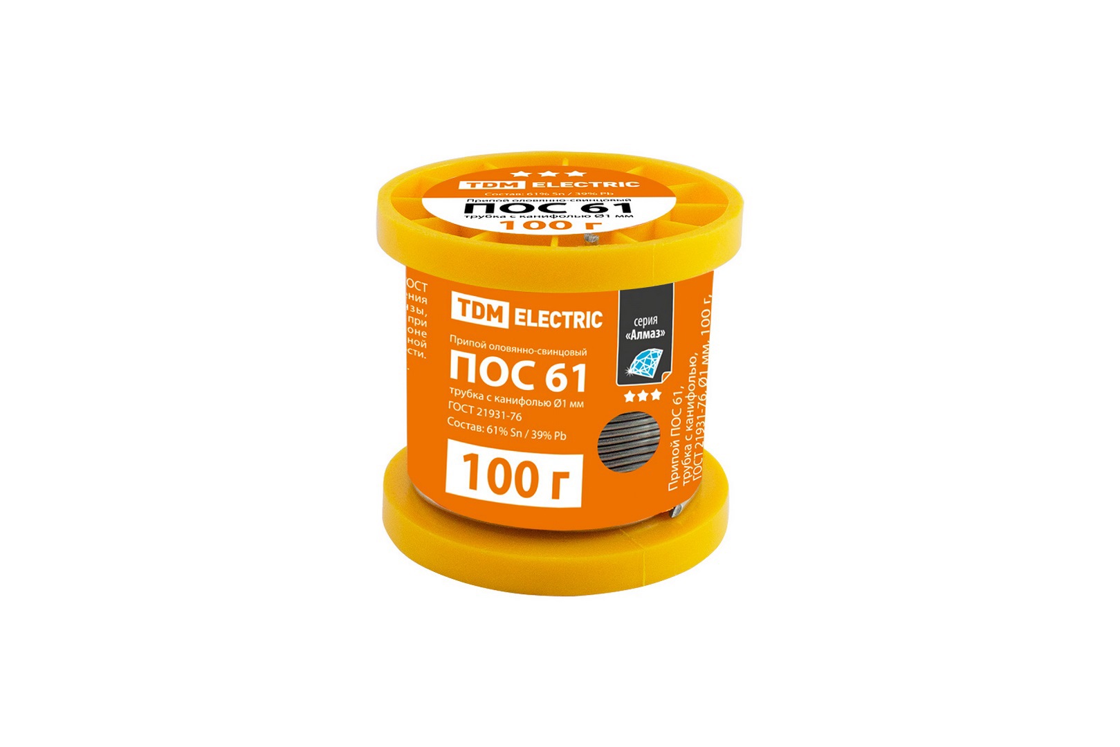 Изображение товара Припой TDM Electric Алмаз SQ1025-0205 ПОС 61 трубка с канифолью 1 мм 100 г