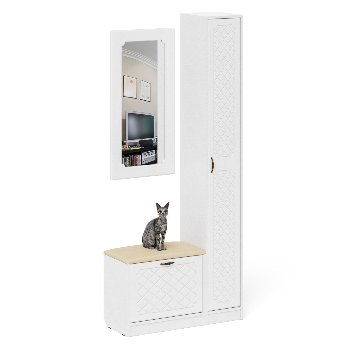 Изображение товара Обувница с сиденьем и зеркалом Мебельный двор 90x210x35 см белая ламинированная