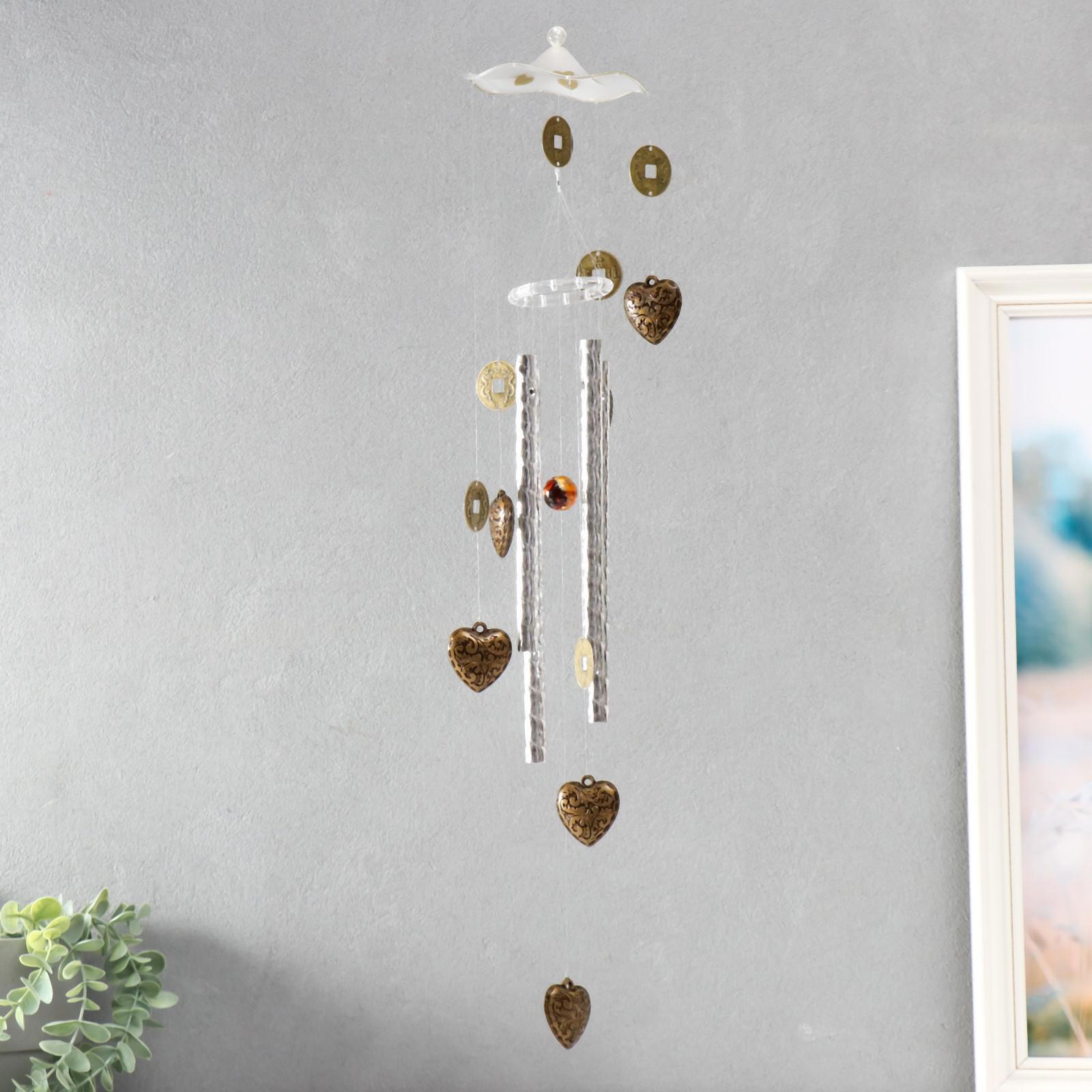 Изображение товара Музыка ветра "Сердечки и китайские монеты" 4 трубки 70 см