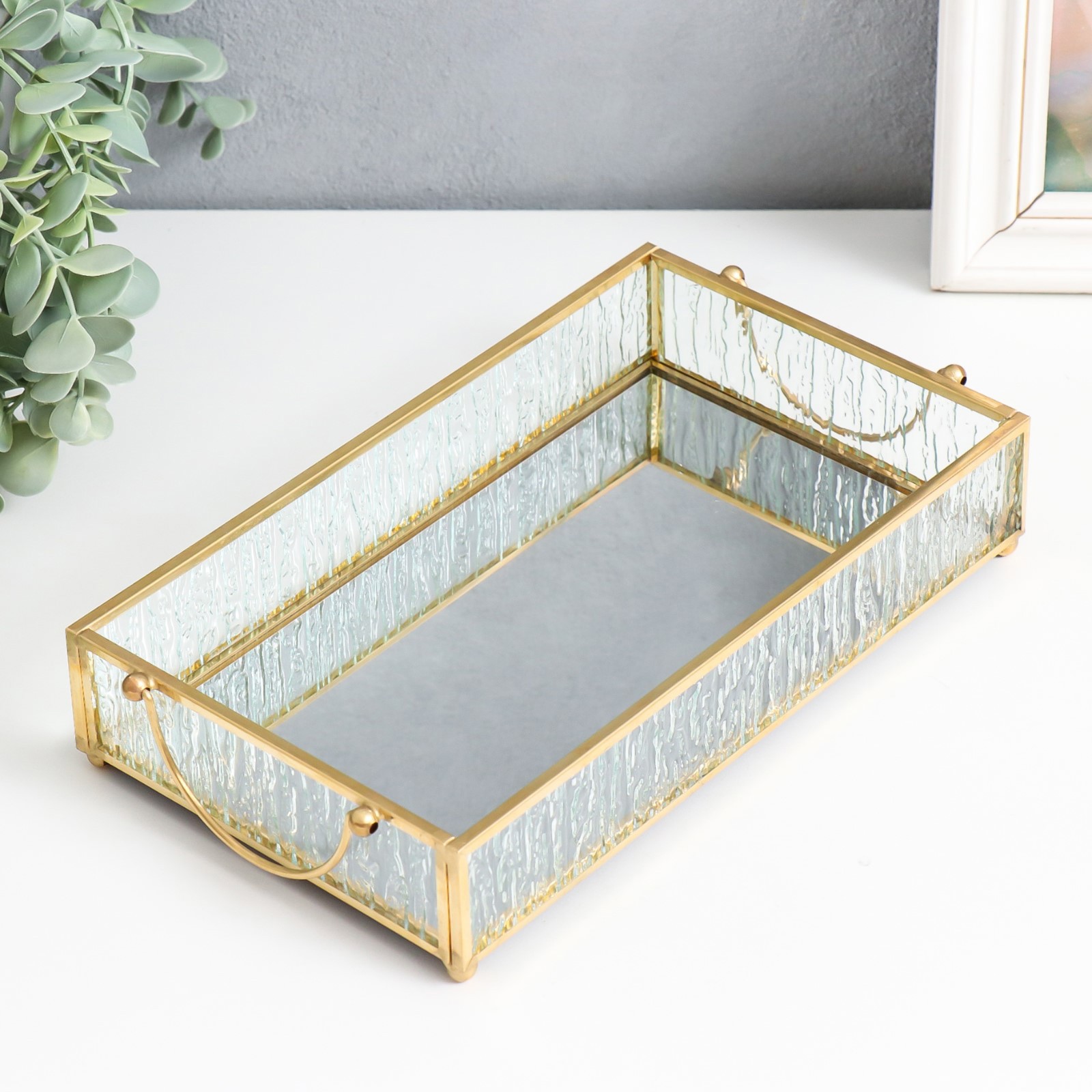 Изображение товара Подставка интерьерная с зеркалом "Прямоугольник. Кора" с ручками 25.5x14x5 см