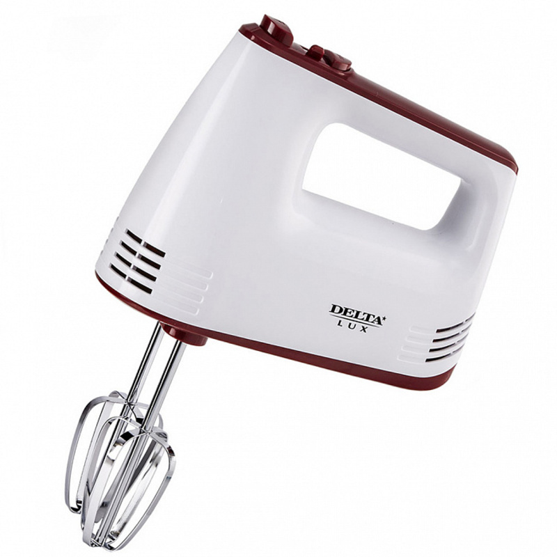 Изображение товара Миксер DELTA LUX DE-7700 белый с бордовым 400 Вт 4 насадки 5 скоростей