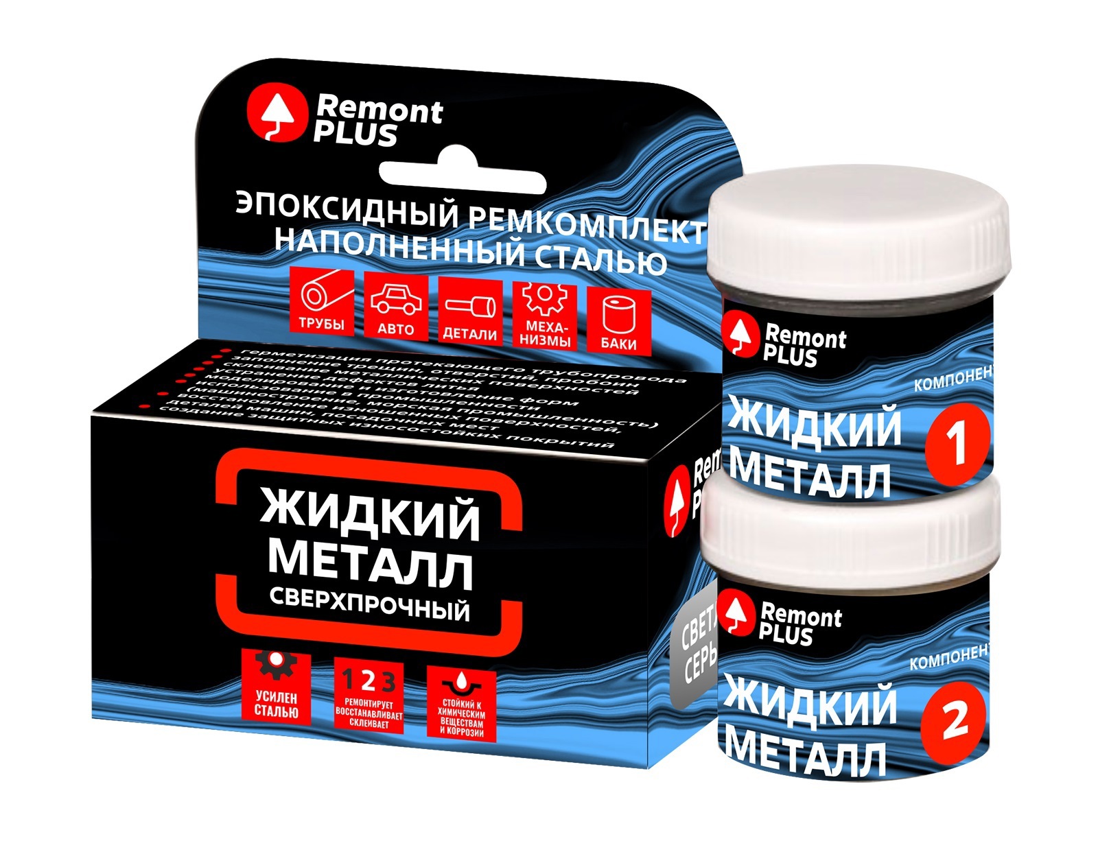 Изображение товара Эпоксидный ремкомплект Remont PLUS Жидкий металл сверхпрочный светло-серый 160 г