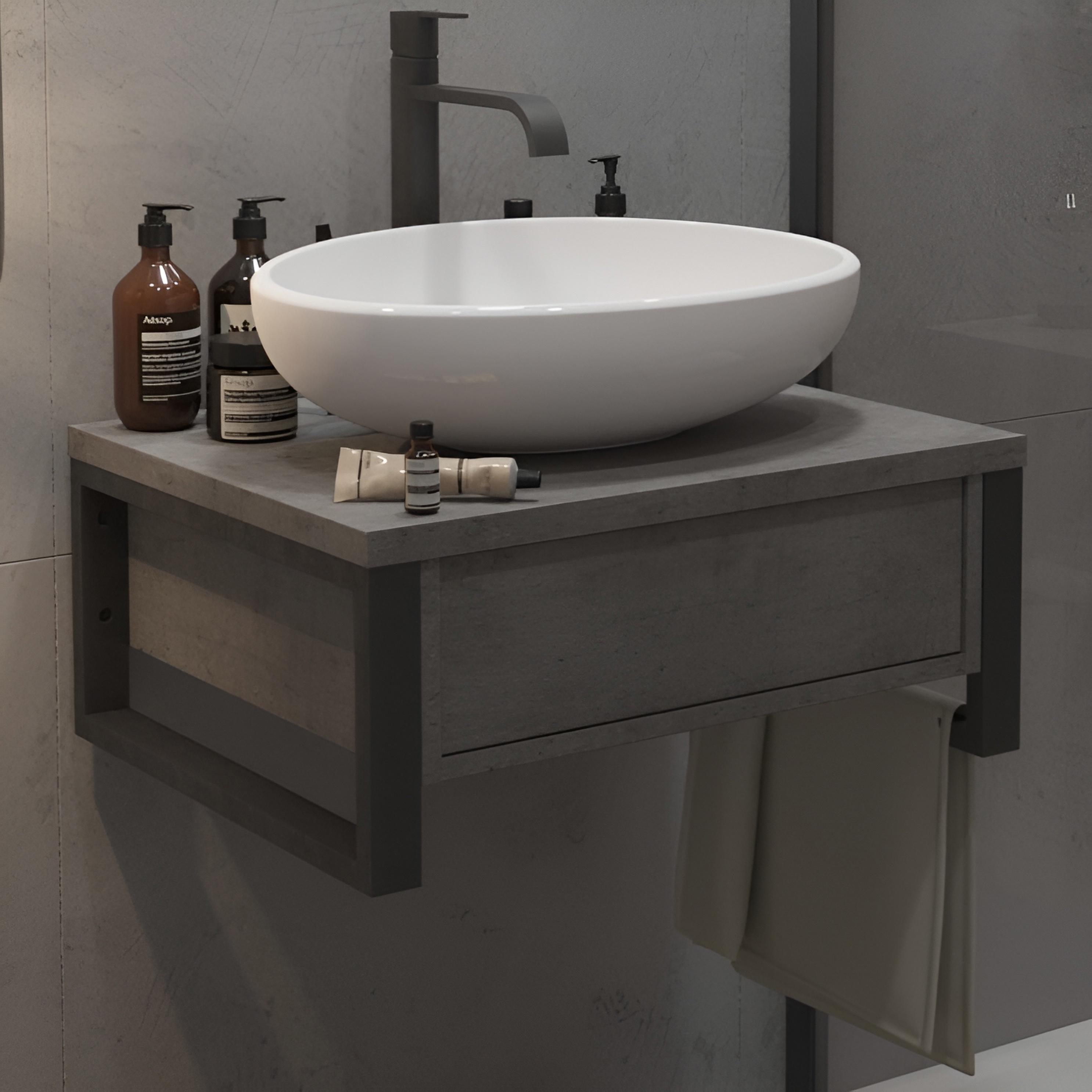 Изображение товара Тумба под раковину 1Marka GRUNGE LOFT 60 см бетон темно-серый подвесная мебель для ванной комнаты