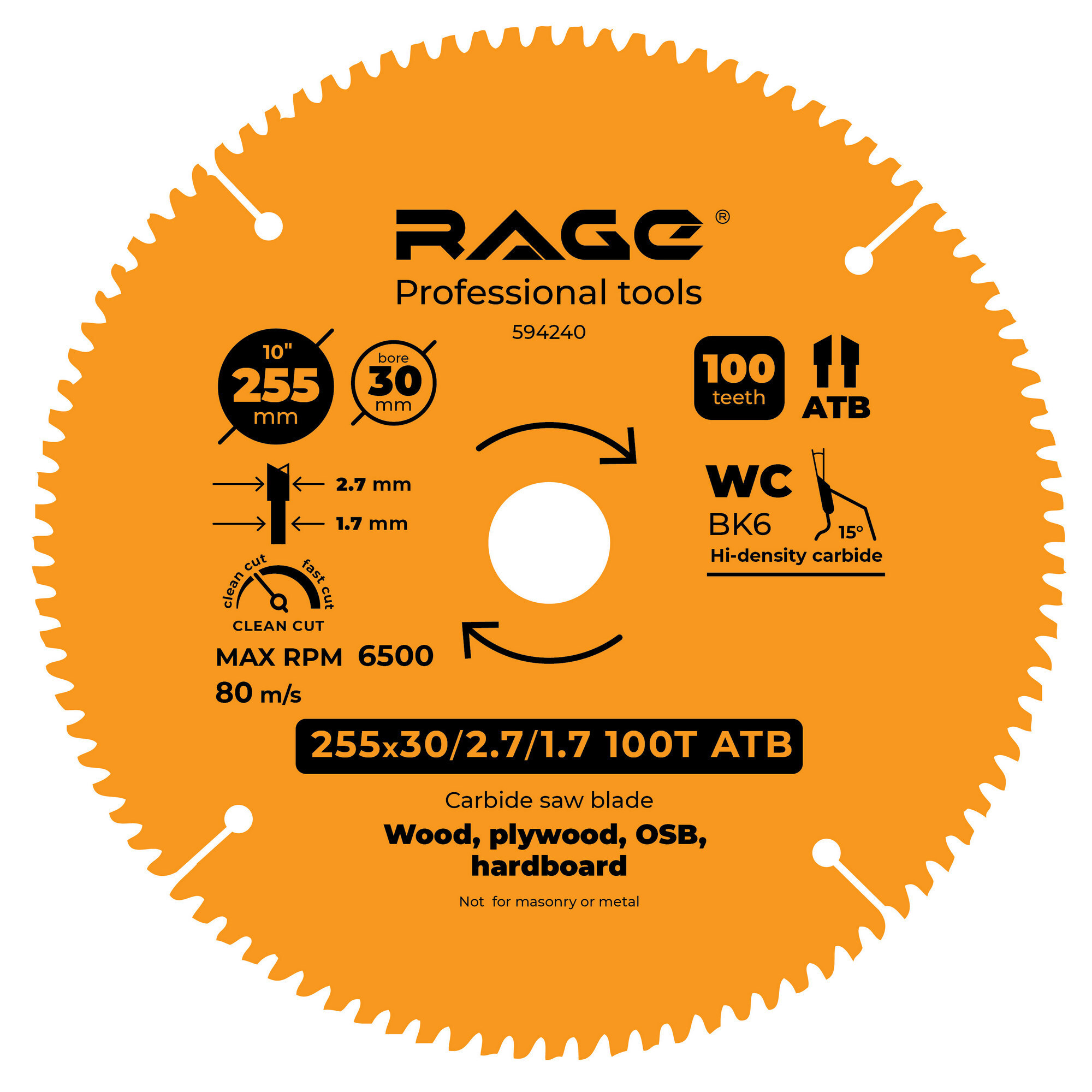 Изображение товара Диск пильный по дереву Rage 100Т 255x30x2.7 мм, кольца 25.4/20/16