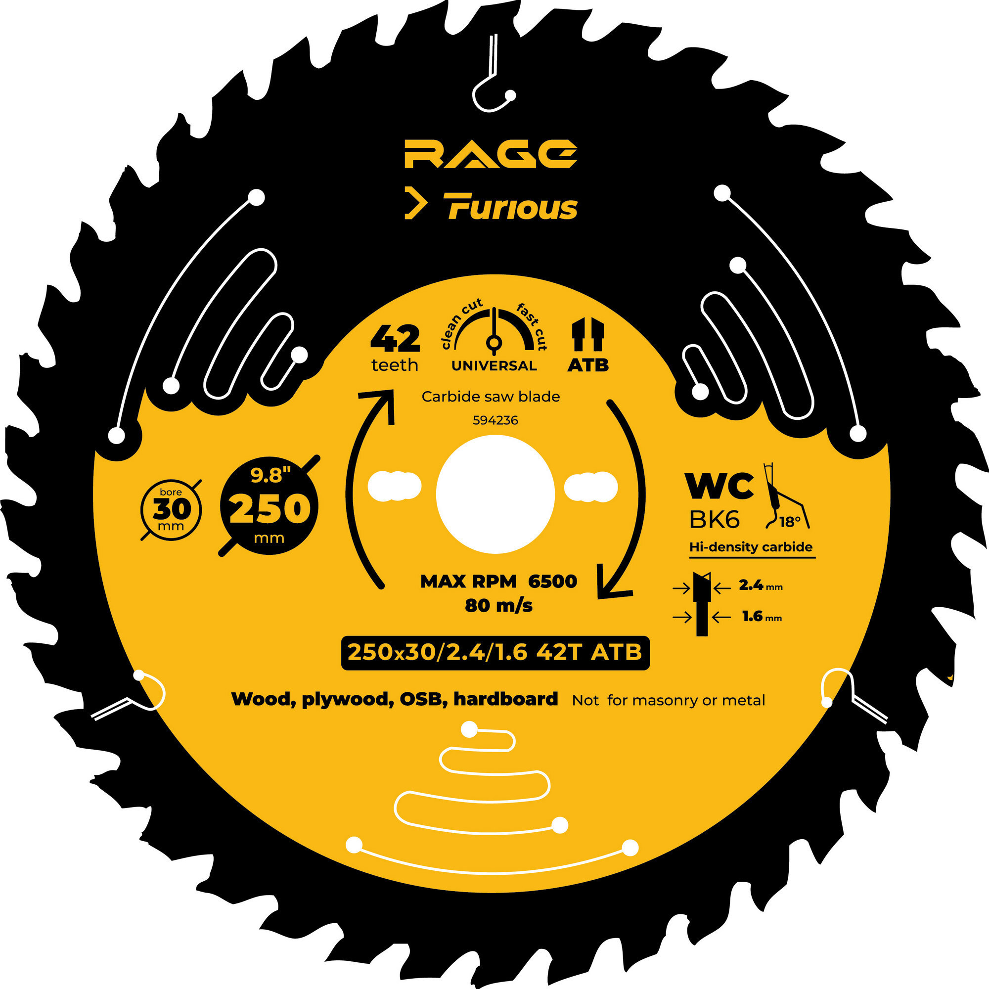 Изображение товара Диск пильный по дереву Rage Furious 42Т 250x30x2.4 мм, кольца 25.4/20/16