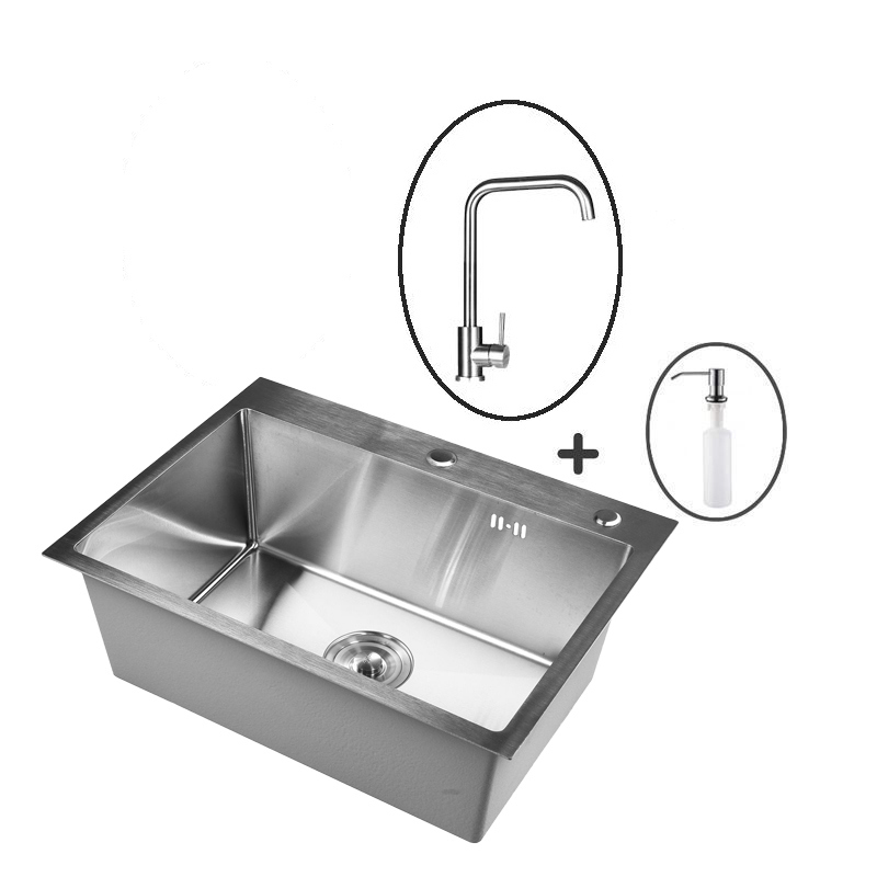 Изображение товара Мойка для кухни нержавеющая врезная 60x45 Wisent сатин с сифоном ведерко, дозатором и смесителем W36045-S/W405A/W4998-4
