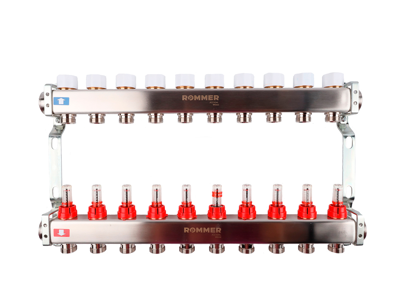 Изображение товара Коллектор с расходомером Rommer 1" x 3/4" 10 выходов нержавеющая сталь RMS-1200-000010