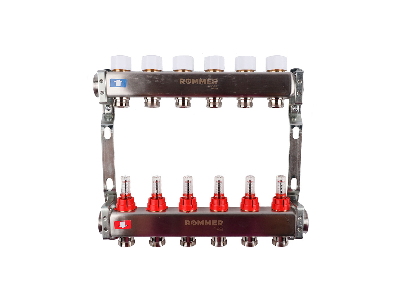 Изображение товара Коллектор с расходомерами Rommer 1x3/4" 6 выходов нержавеющая сталь RMS-1200-000006