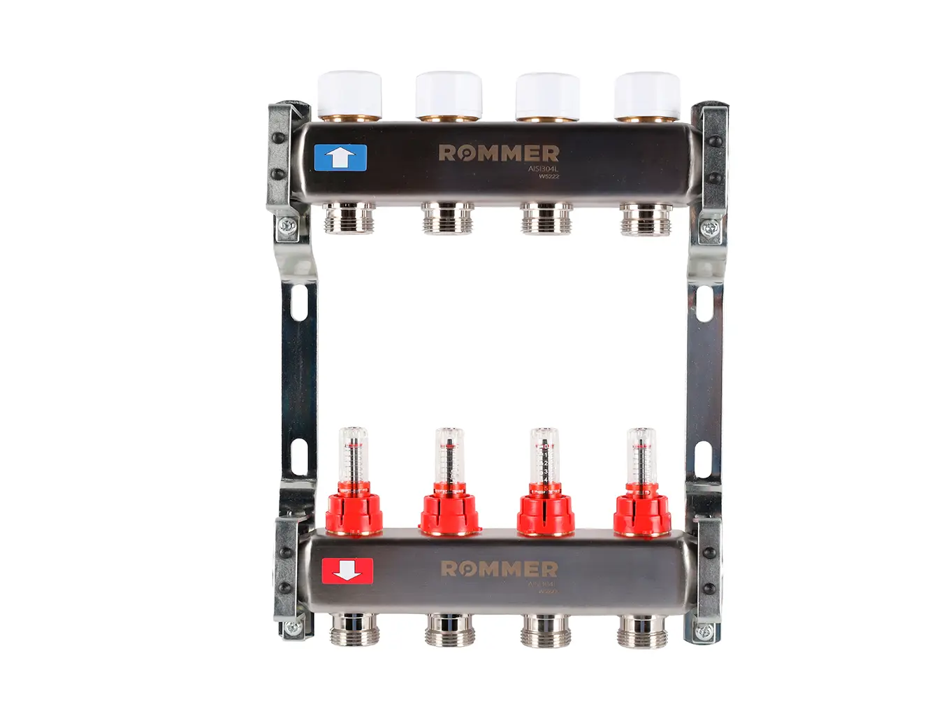 Коллектор с расходомером Rommer 1"x3/4" 4 выхода нержавеющая сталь RMS-1200-000004