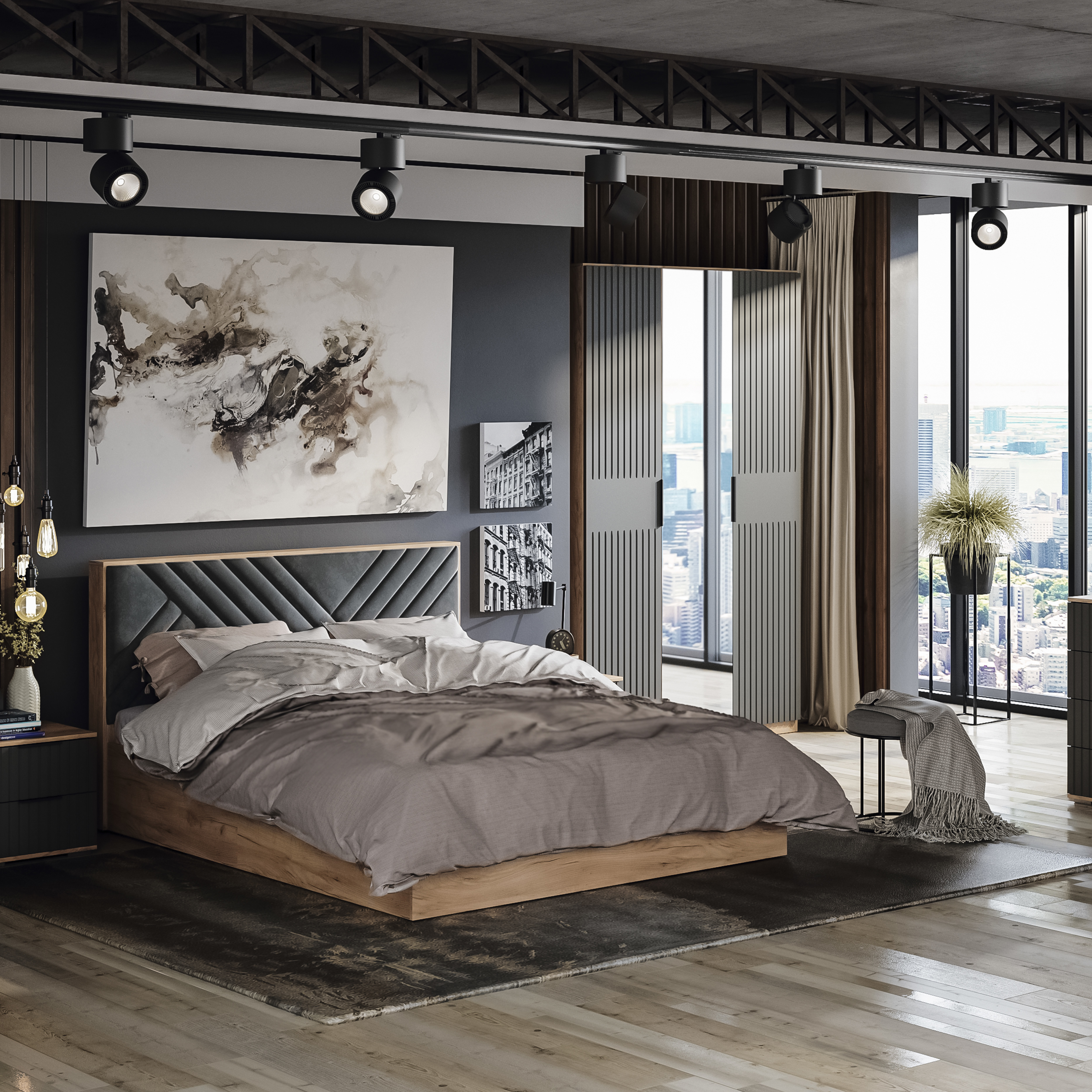 Изображение товара Кровать Трия Хилтон 160x200 см из ЛДСП с велюром в стиле лофт и модерн