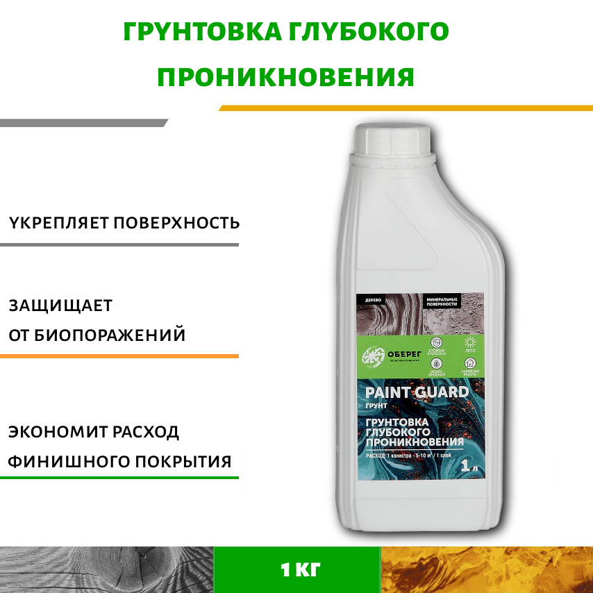 Изображение товара Грунтовка глубокого проникновения Оберег PaintGuard 1л для укрепления и защиты оснований Изображение товара Грунтовка глубокого проникновения Оберег PaintGuard 1л для укрепления и защиты оснований