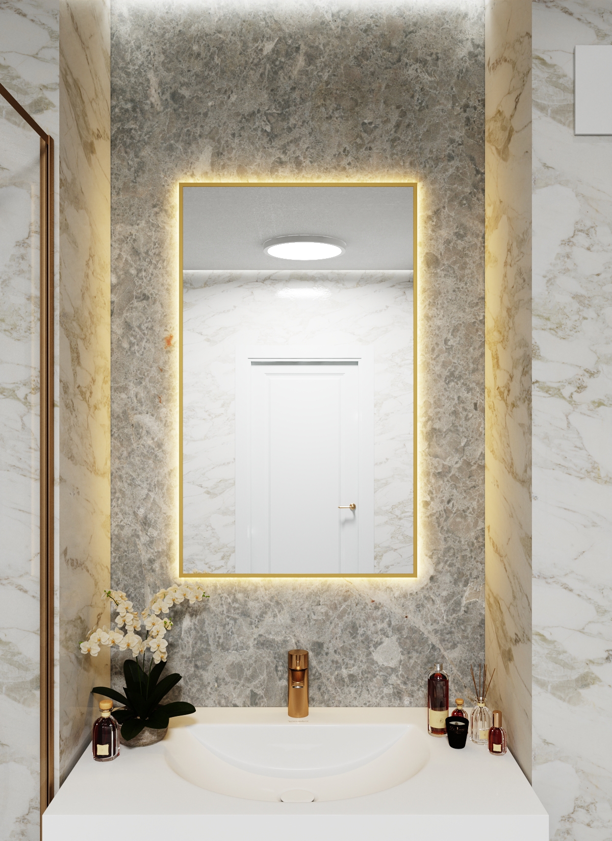 Изображение товара Зеркало с подсветкой в алюминиевой раме настенное ONE Mirror 100x60 см свет теплый белый 3000К золото Изображение товара Зеркало с подсветкой в алюминиевой раме настенное ONE Mirror 100x60 см свет теплый белый 3000К золото