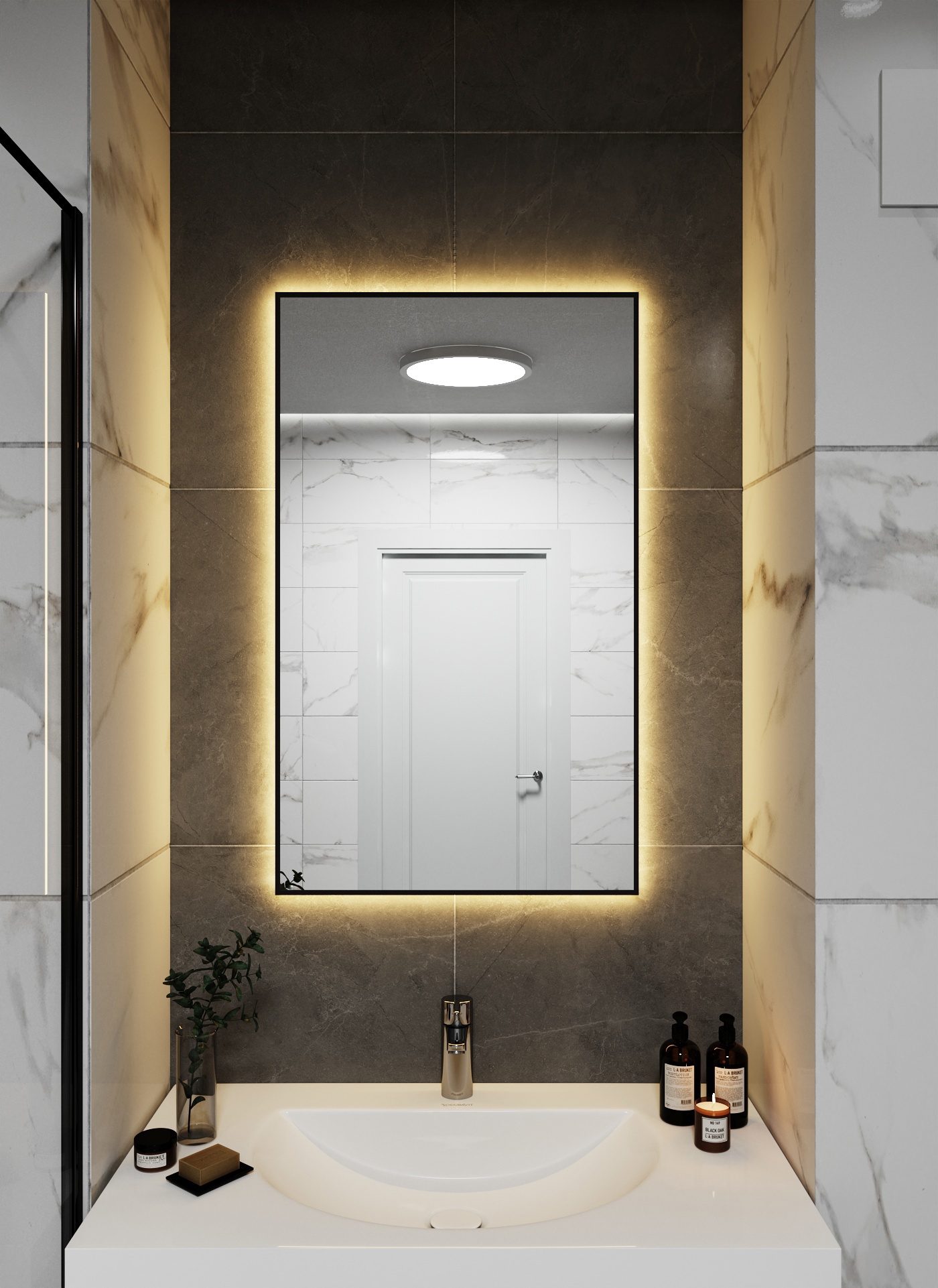 Изображение товара Зеркало с подсветкой в алюминиевой раме настенное ONE Mirror 100x60 см свет теплый белый 3000К черное Изображение товара Зеркало с подсветкой в алюминиевой раме настенное ONE Mirror 100x60 см свет теплый белый 3000К черное