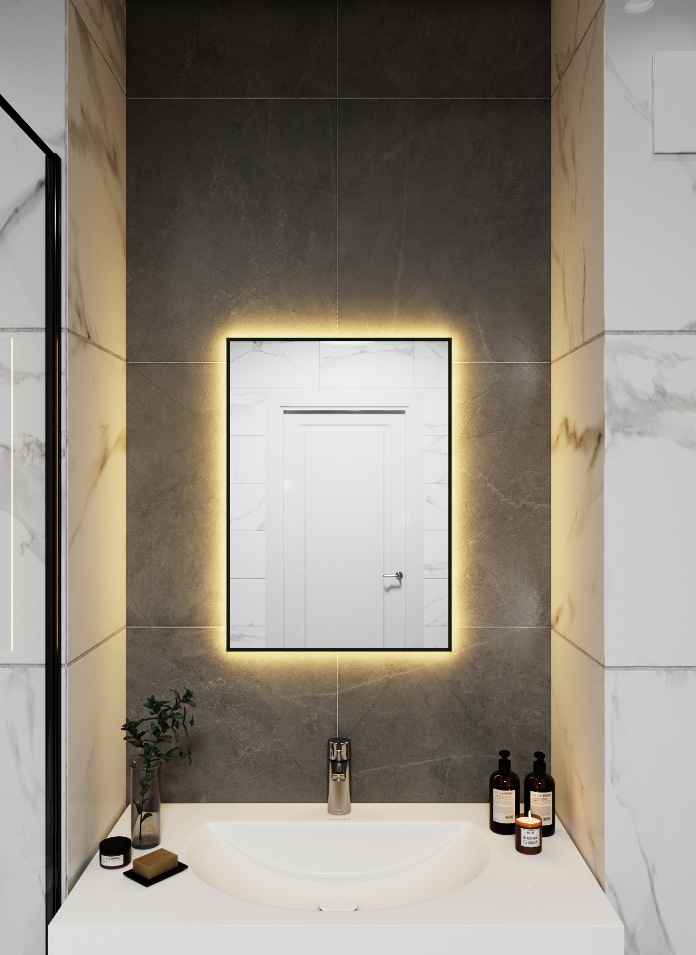 Изображение товара Зеркало с подсветкой в алюминиевой раме настенное ONE Mirror 70x50 см свет теплый белый 3000К черное Изображение товара Зеркало с подсветкой в алюминиевой раме настенное ONE Mirror 70x50 см свет теплый белый 3000К черное