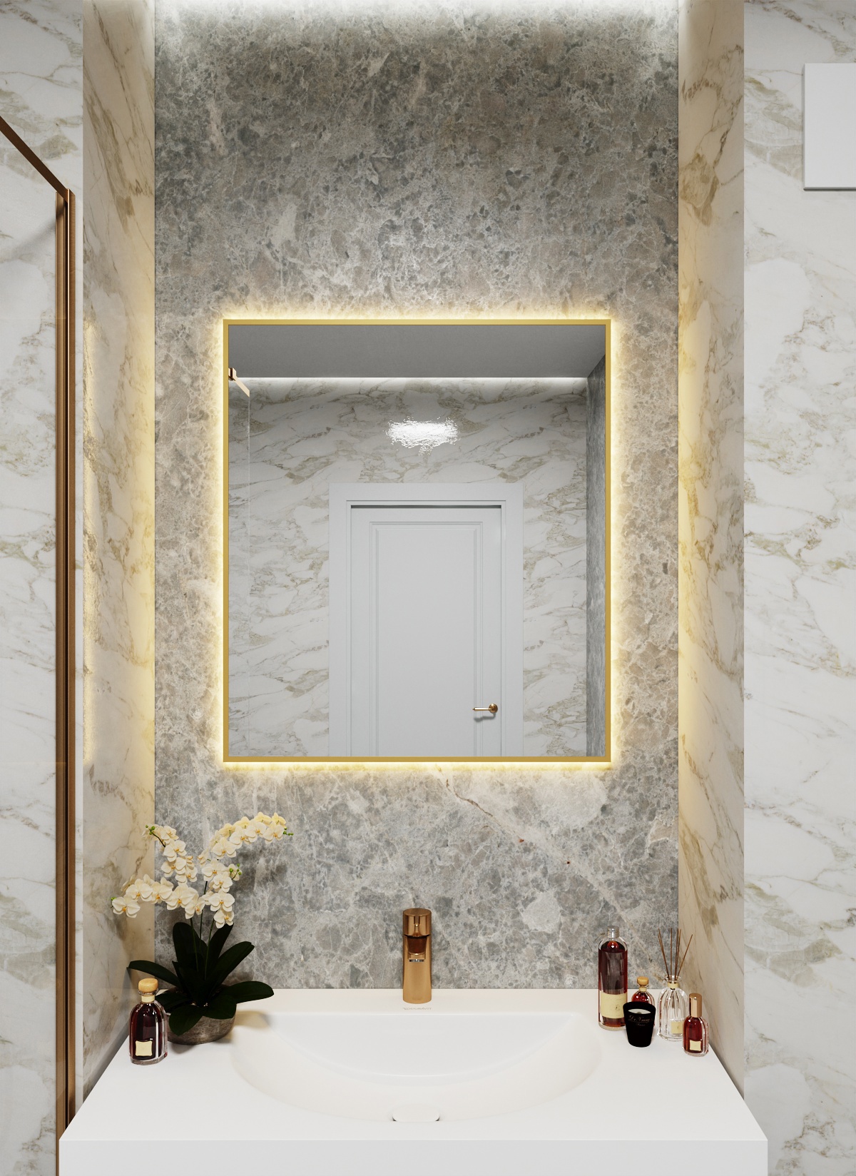 Изображение товара Зеркало с подсветкой в алюминиевой раме настенное ONE Mirror 80x70 см свет теплый белый 3000К золото Изображение товара Зеркало с подсветкой в алюминиевой раме настенное ONE Mirror 80x70 см свет теплый белый 3000К золото