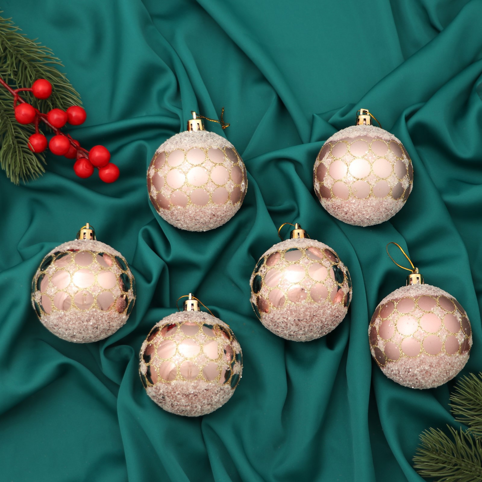 Изображение товара Набор елочных шаров Зимнее волшебство 7 см розовые 6 шт пластиковые праздничные украшения