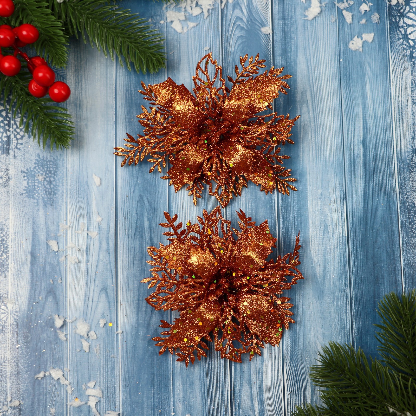 Изображение товара Набор елочных игрушек Драгоценный цветок Зимнее волшебство 9692816 12 см жёлтый/золотой 2 шт