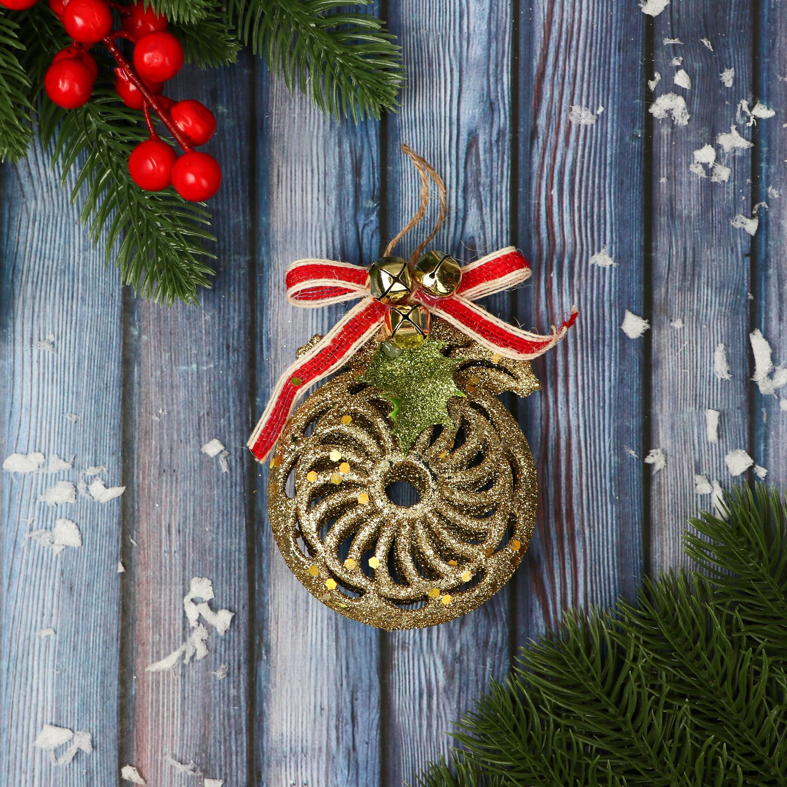 Изображение товара Елочная игрушка Шар ажур Зимнее волшебство 9692833 8 см жёлтый/золотой