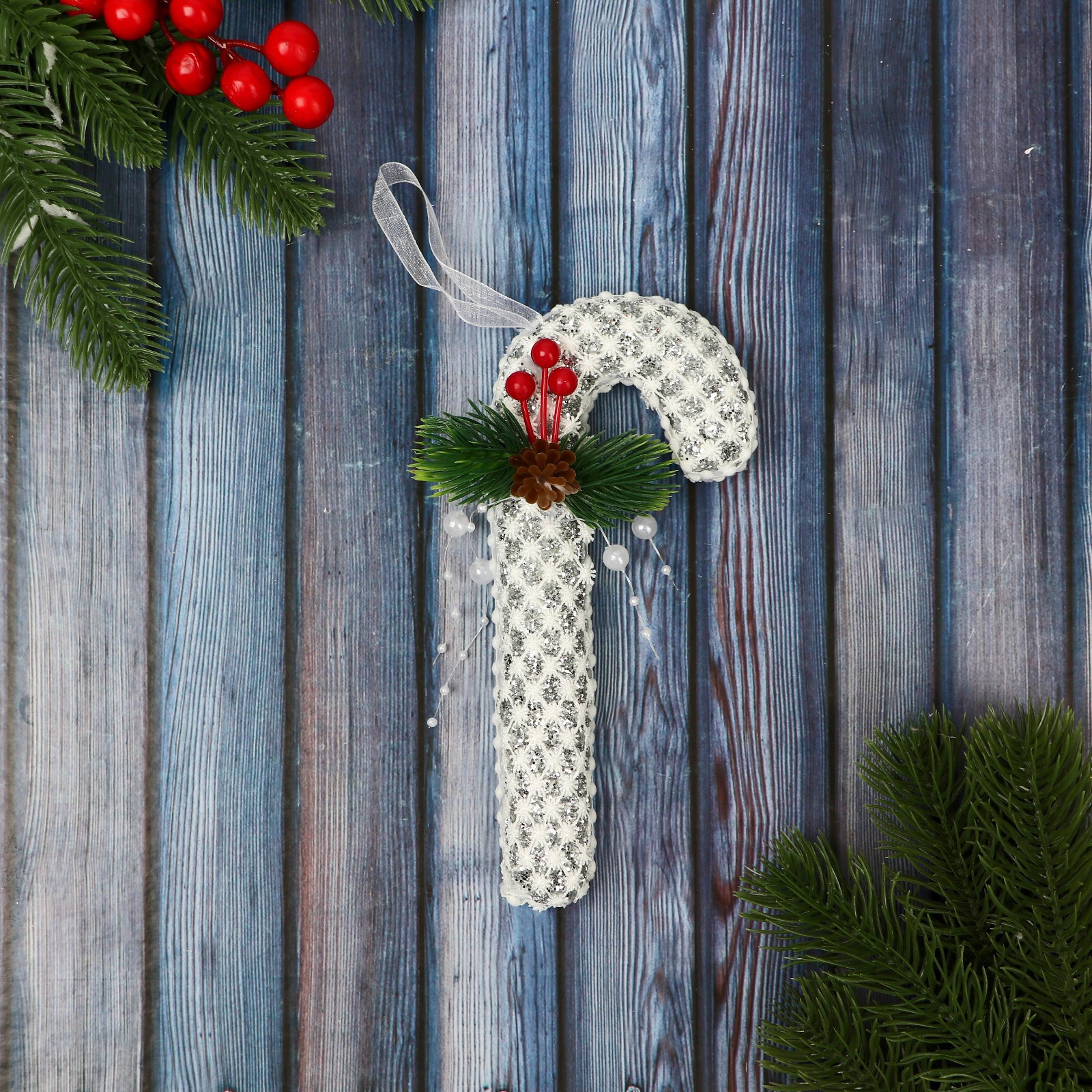 Изображение товара Ёлочная игрушка Леденец Зимнее волшебство 7 см белая новогодняя елочная игрушка