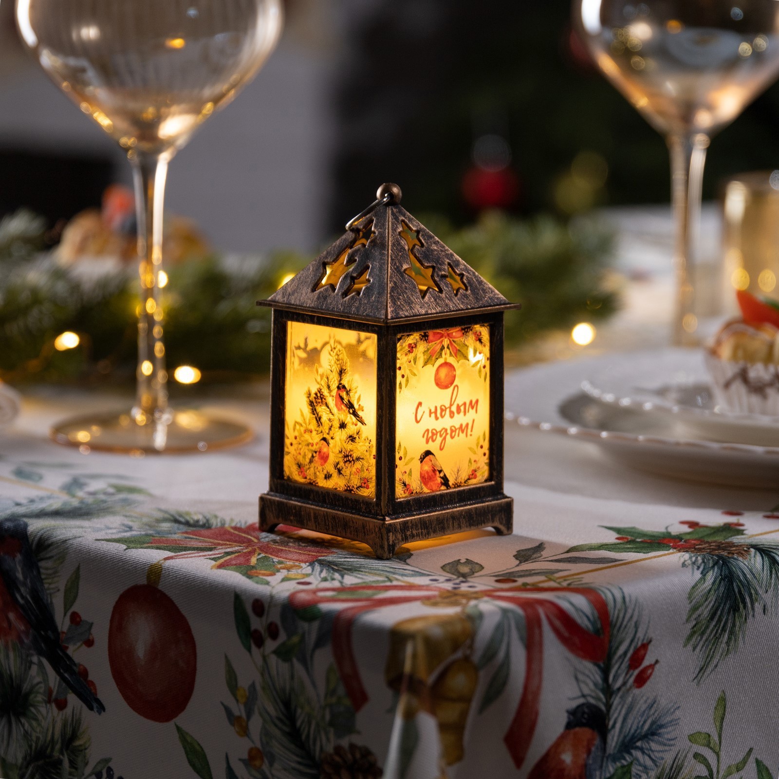 Изображение товара Светящаяся электрическая фигура Бронзовый фонарь со снегирями для дома Luazon lighting h 6.3 см разноцветный