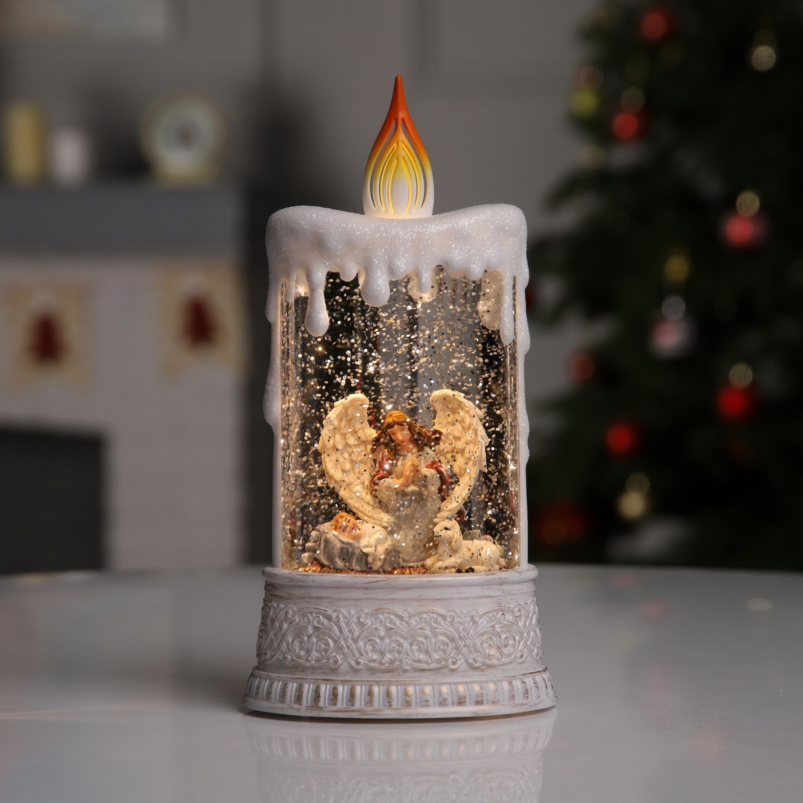 Изображение товара Светящаяся электрическая фигура Свеча с ангелом 8 см разноцветная для дома и улицы