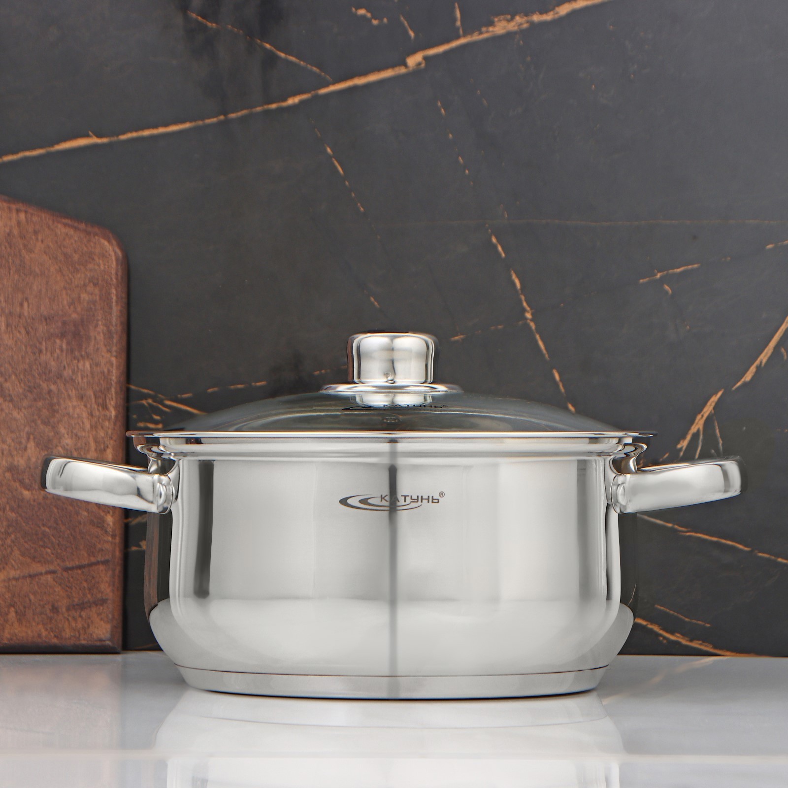 Изображение товара Кастрюля КАТУНЬ Гретта 4,2 л нержавеющая сталь капсульное дно прозрачная крышка