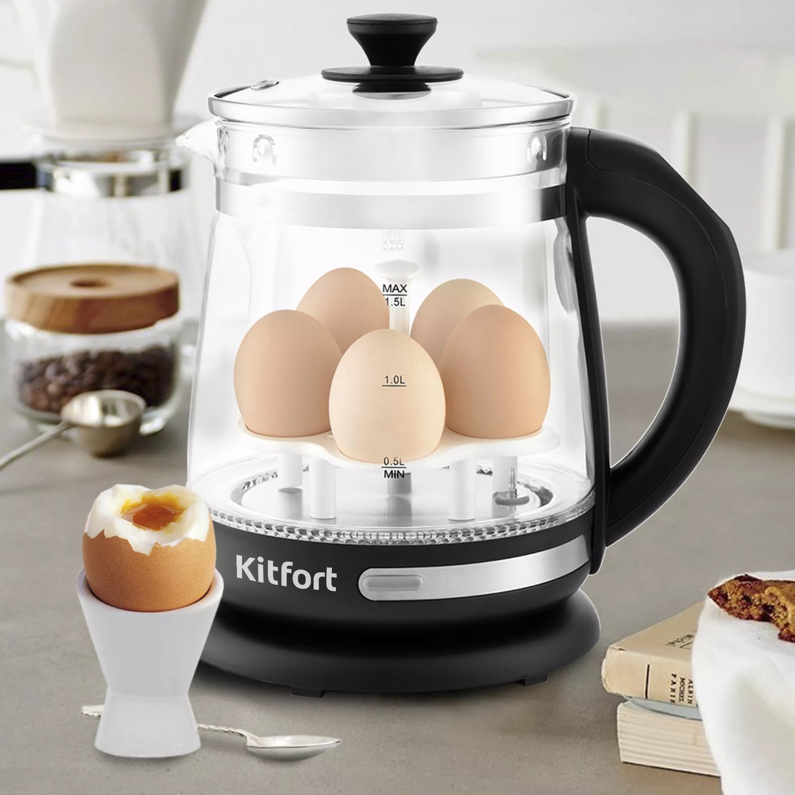 Изображение товара Электрический чайник Kitfort 9577842 1.5 л стеклянный серебристый мощный