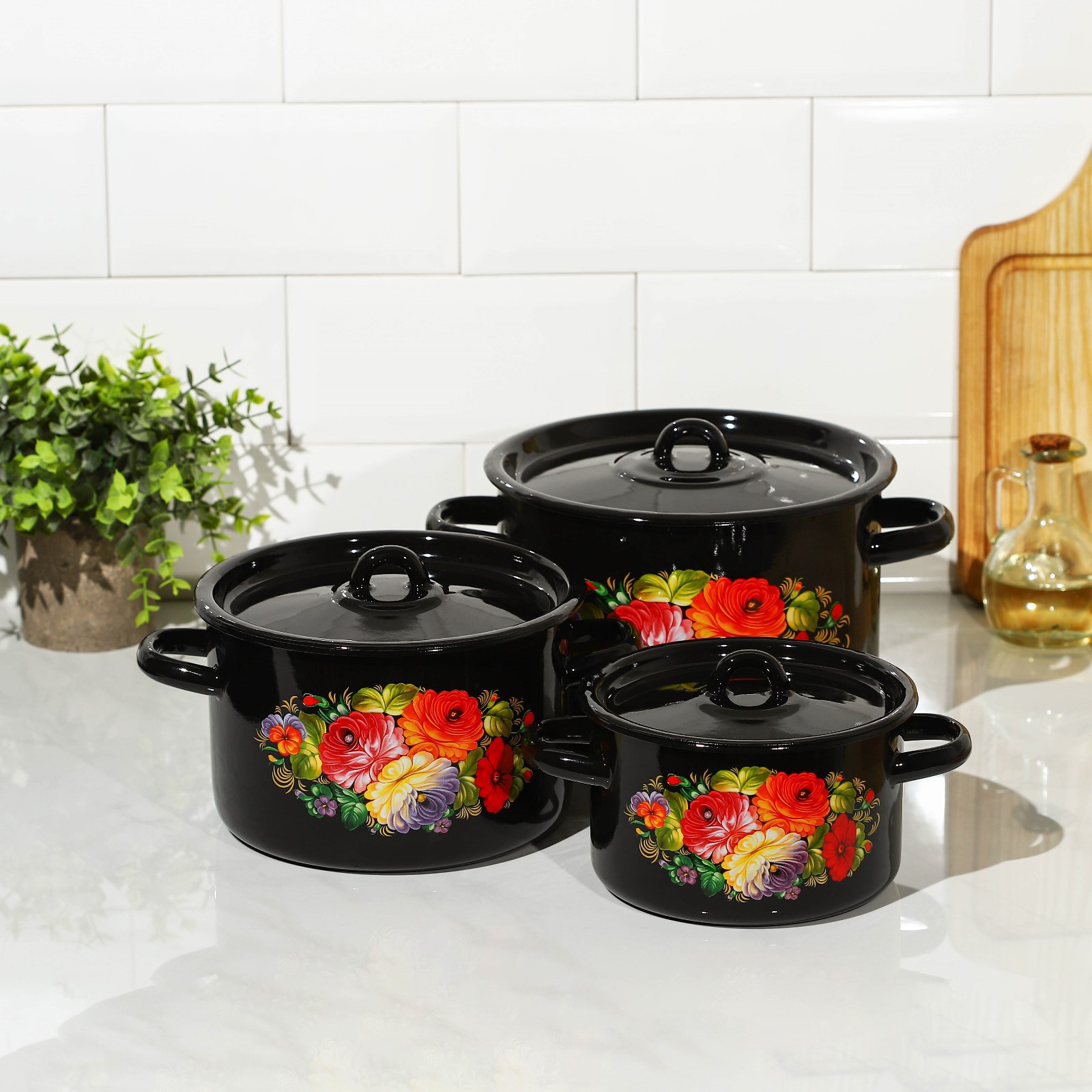 Изображение товара Набор посуды 3 предмета Стальэмаль Жостово эмалированная сталь цвет черный